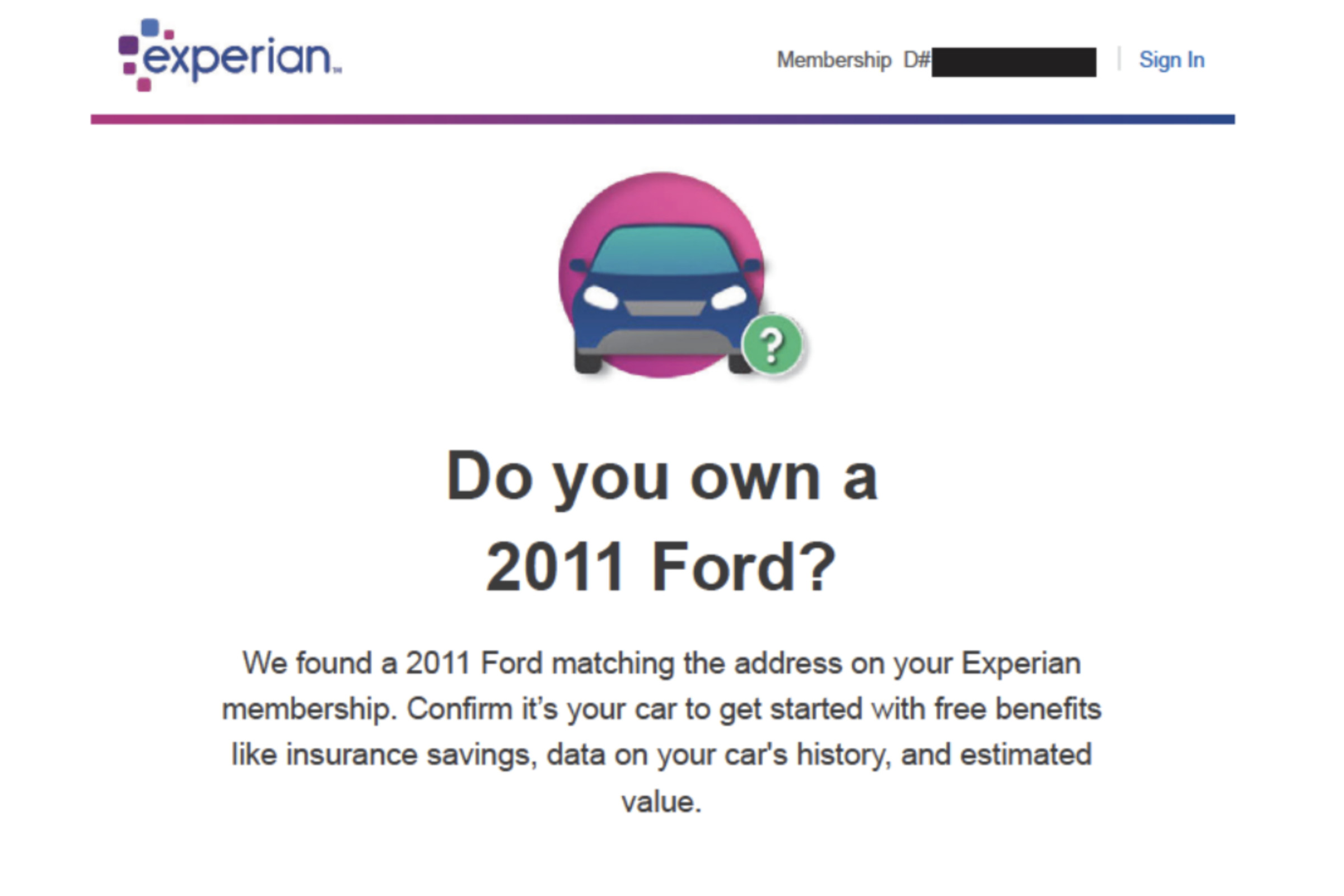 A screenshot of an Experian email with an image of a car, asking if the reader owns a 2011 Ford.