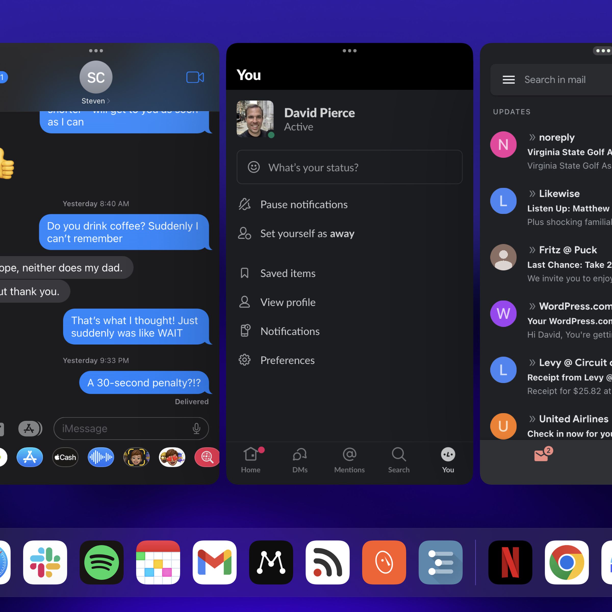 An iPad screenshot running Messages, Slack, and Gmail side by side.