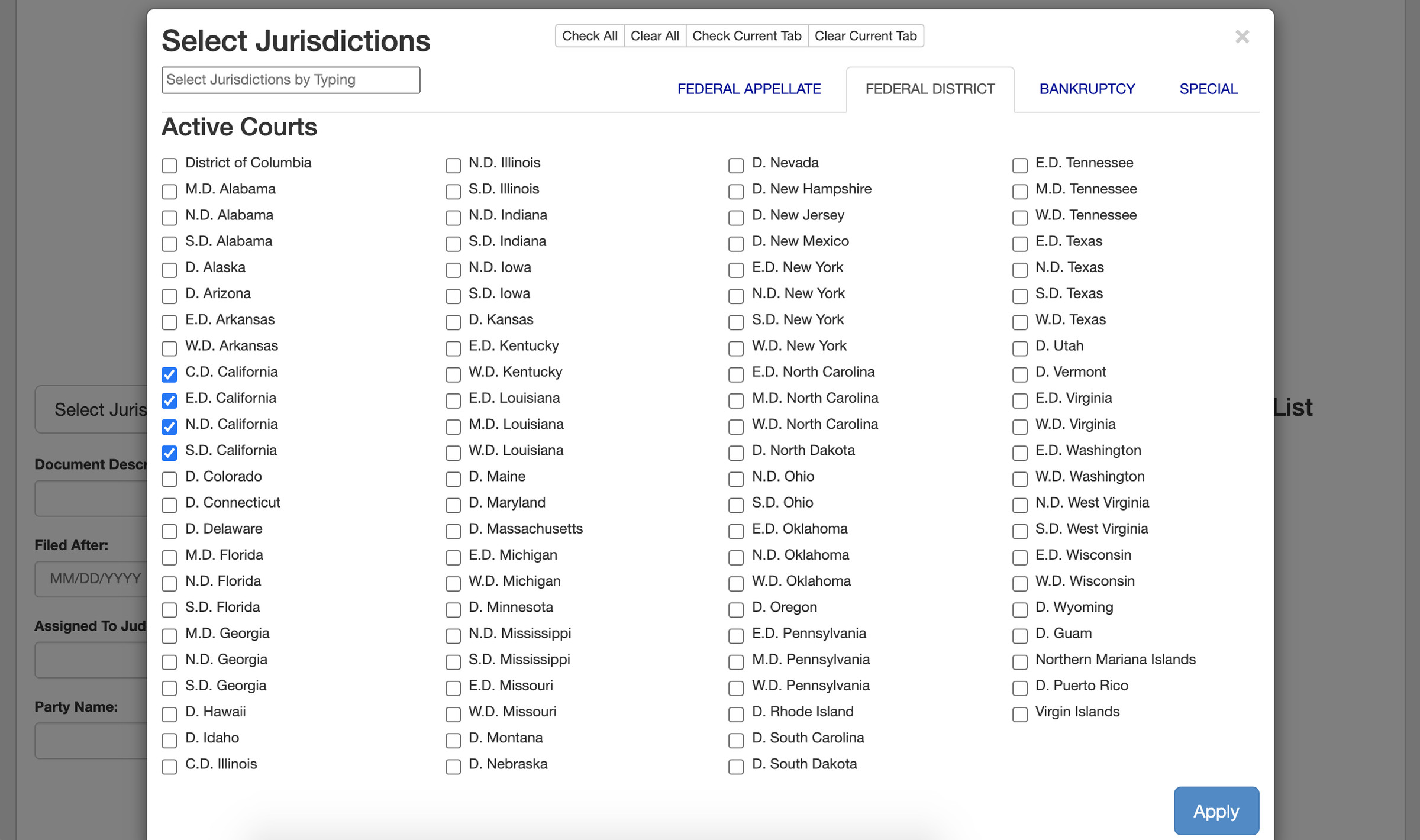 A screenshot of the “Select Jurisdictions” filter in the RECAP archive, showing the South, Central, Northern, and Eastern districts of California selected.