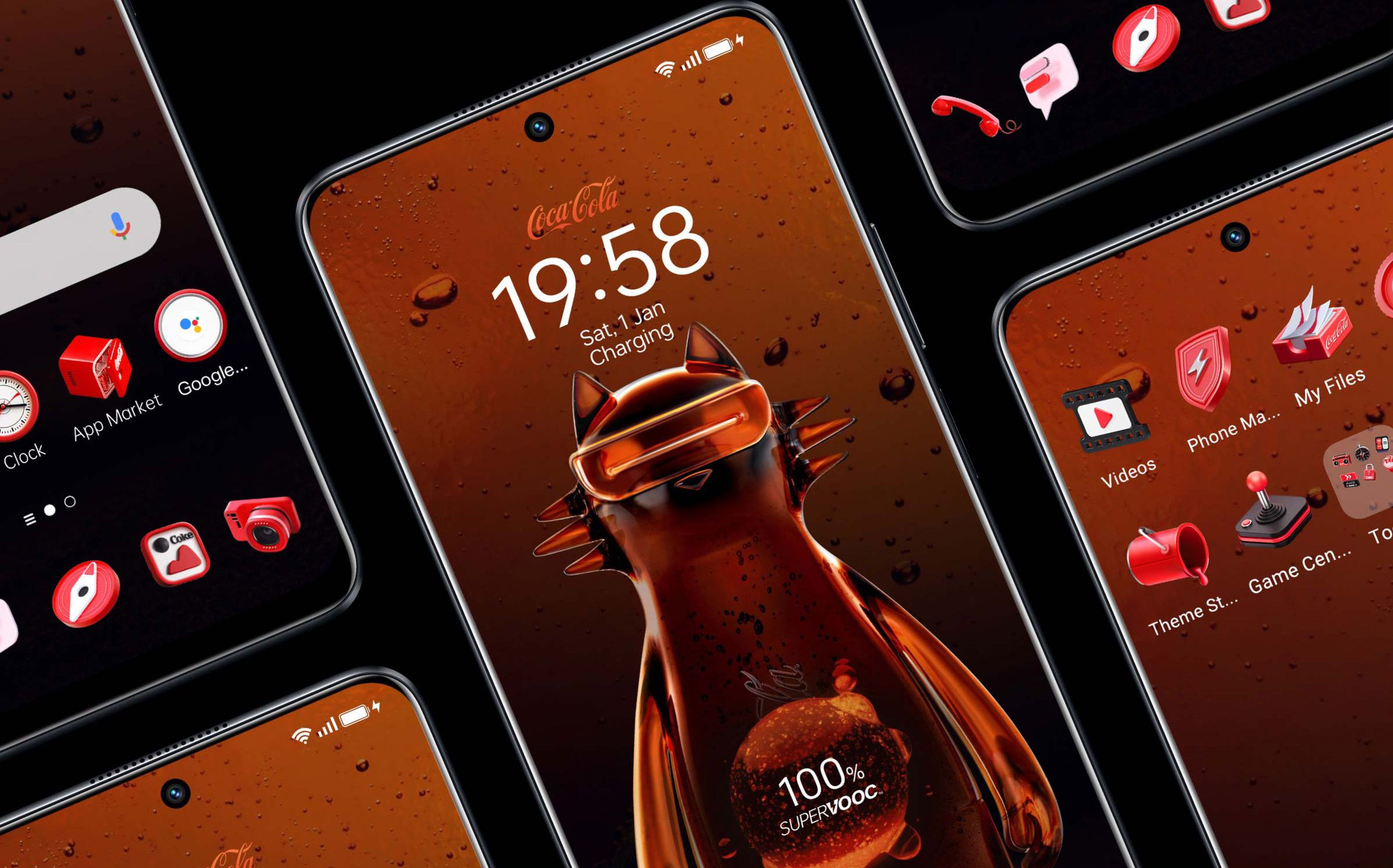 Graphic showing Coke-themed lock screen, app icons, and charging animation.