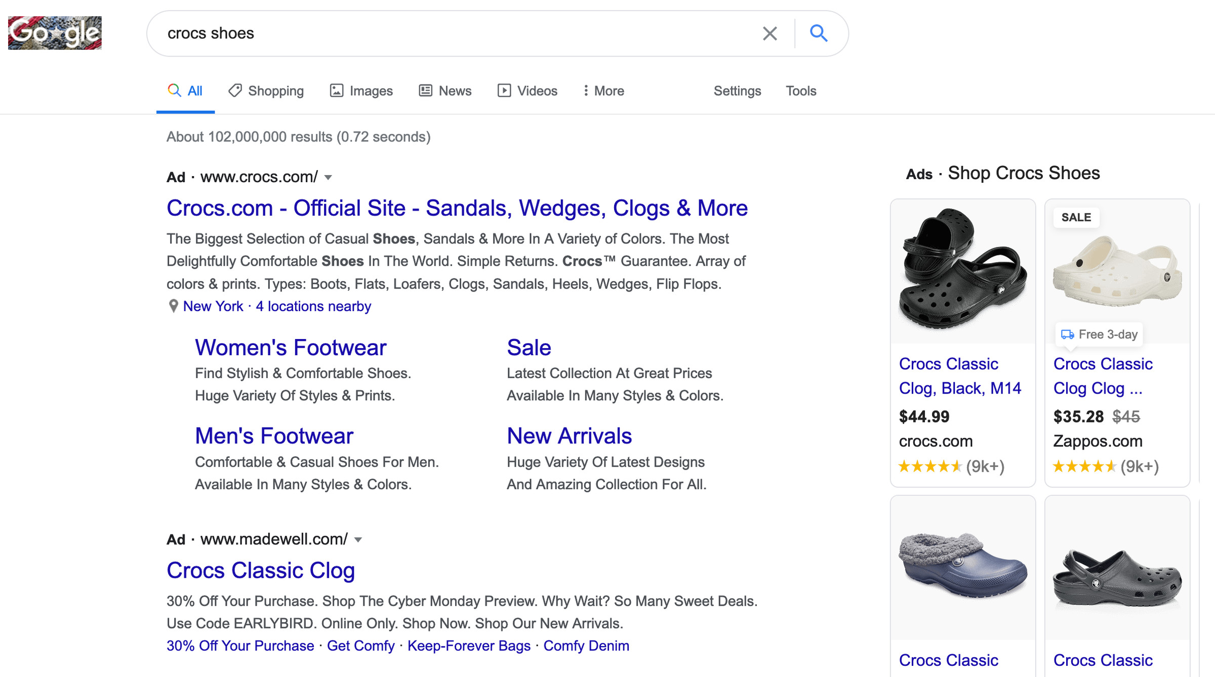 A standard Google search for “crocs shoes.”