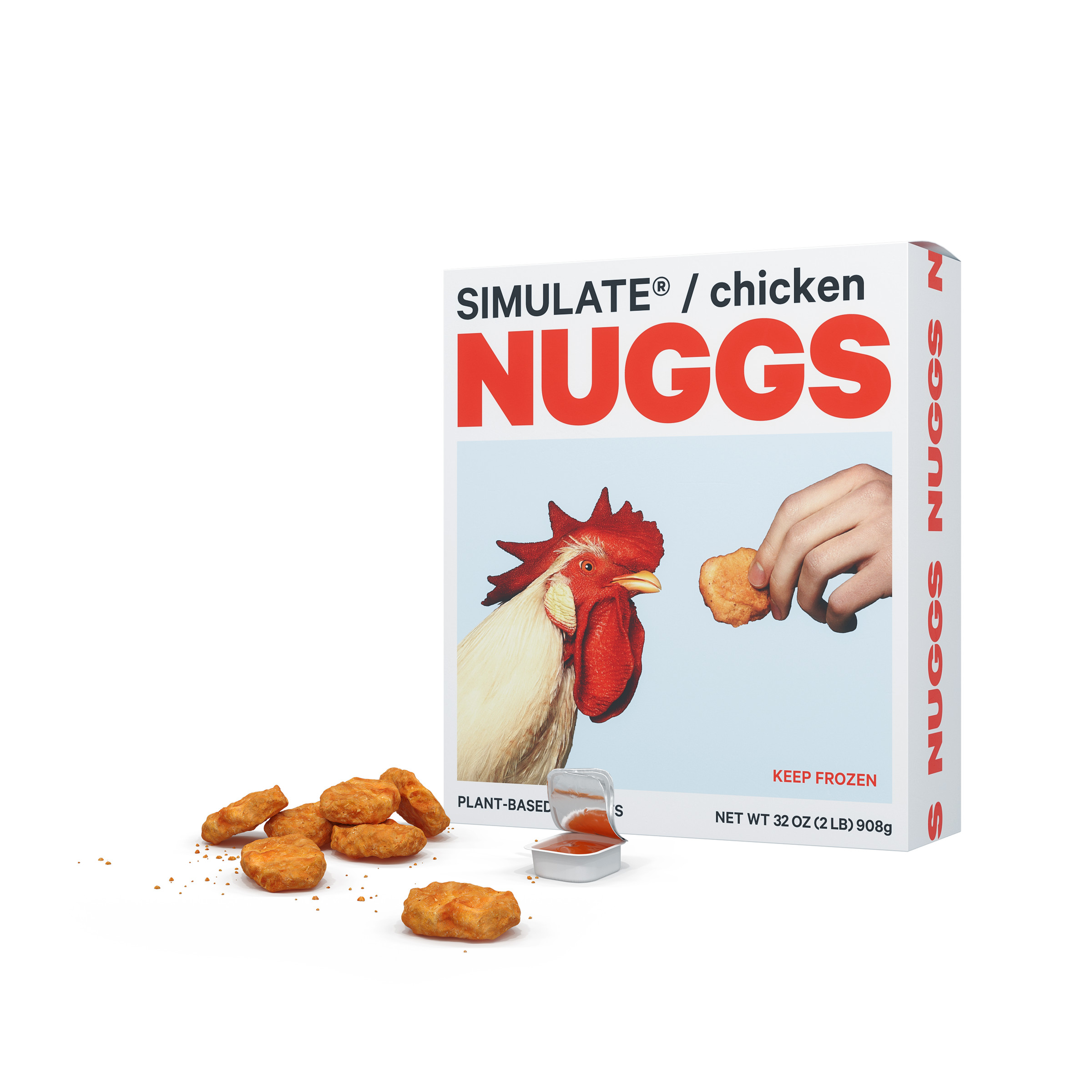 Some nuggets sitting in front of a Nuggs box, which has an image of a chicken being offered a nugget.