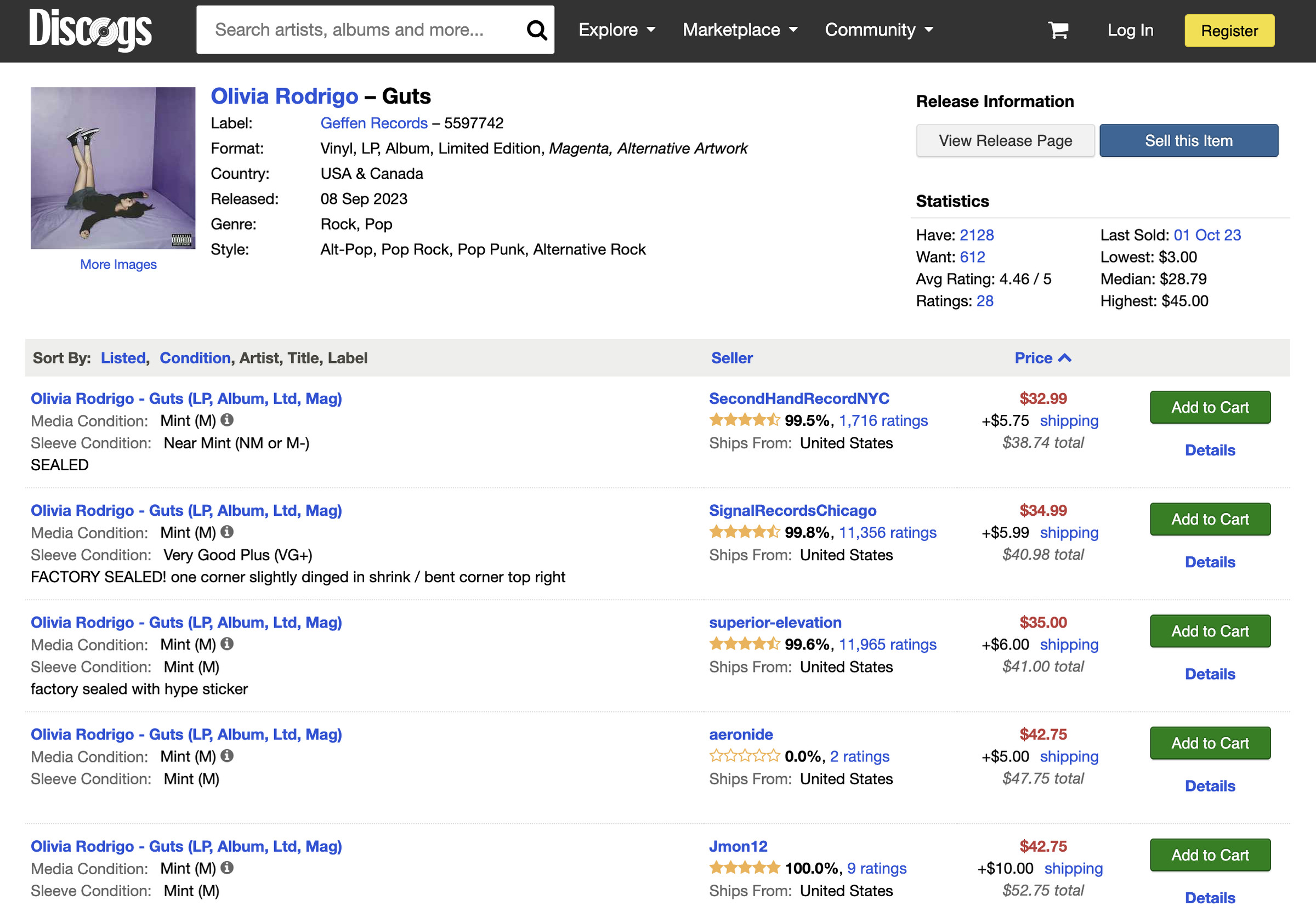 Discogs’ marketplace page showing copies of Olivia Rodrigo’s Guts for sale. The prices are generally higher than buying the album elsewhere.