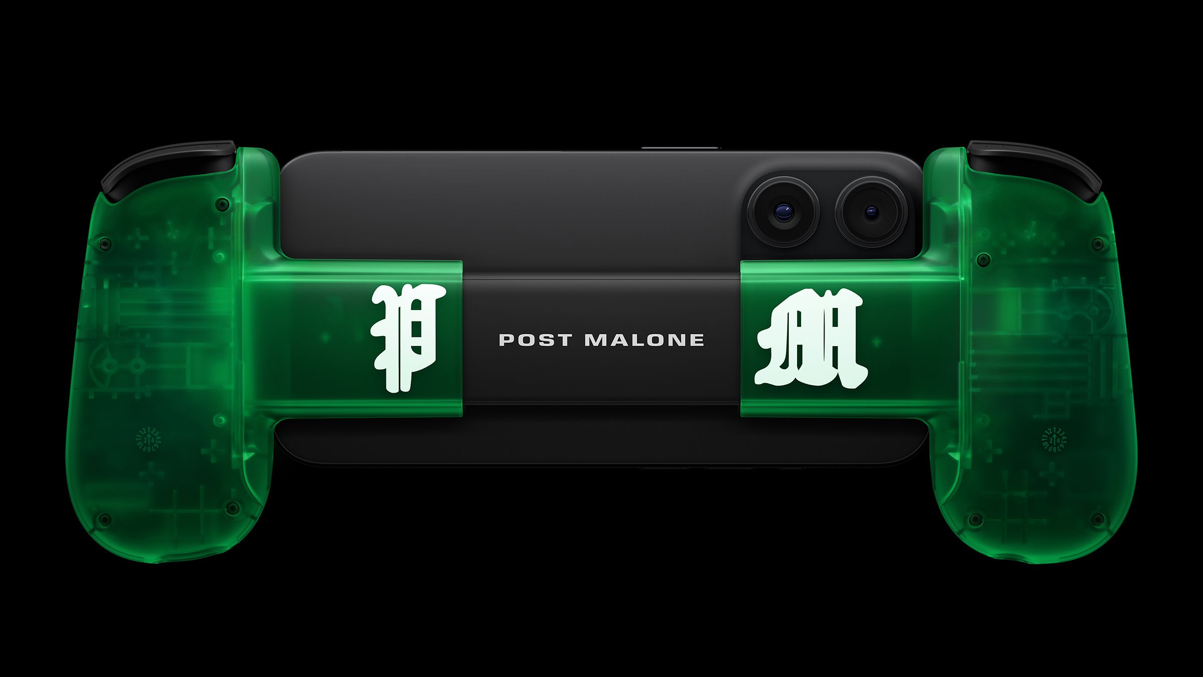 The back of the Backbone One: Post Malone Limited Edition Controller with an iPhone connected.
