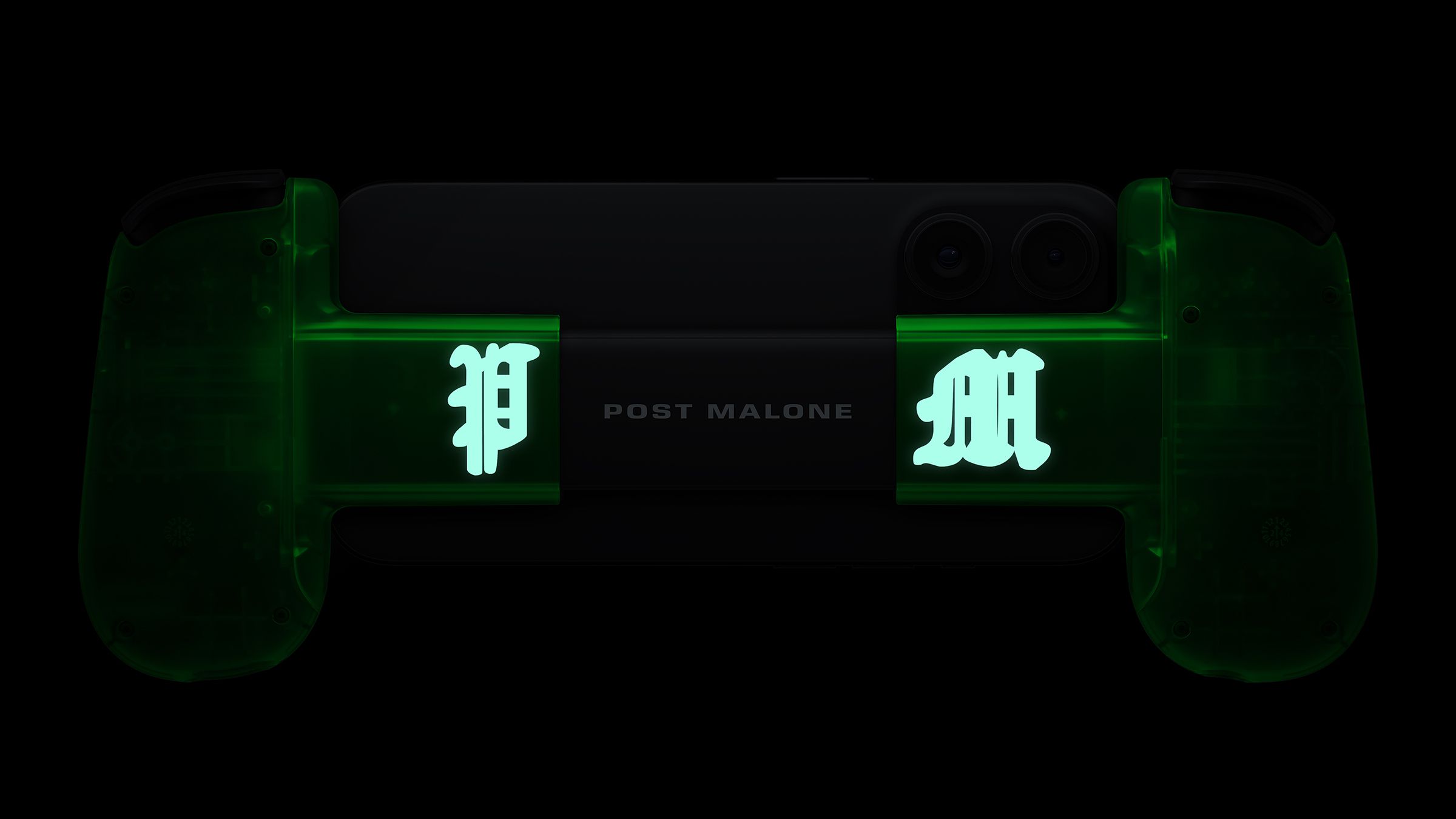 The back of the Backbone One: Post Malone Limited Edition Controller with an iPhone connected showing Post Malone’s logo glowing.