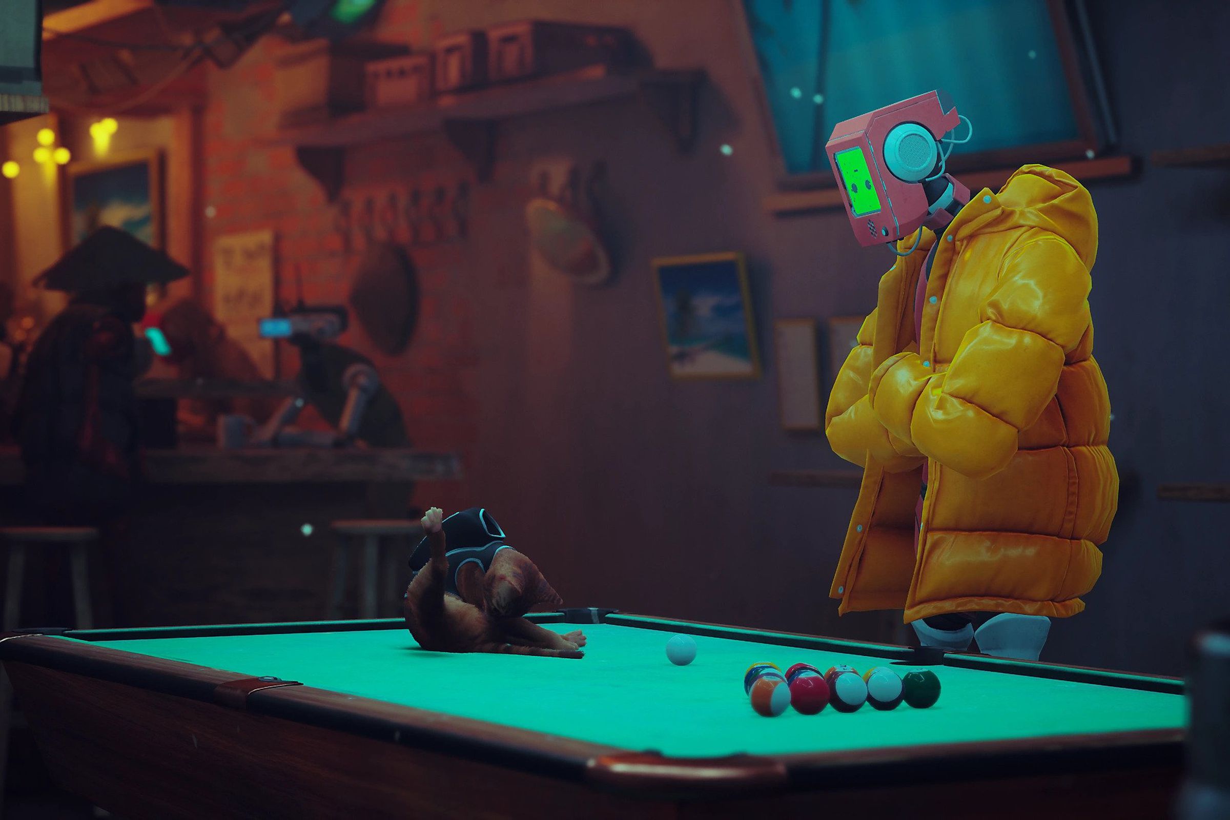 Screenshot from video game Stray featuring an image of orange tabby cat licking themself on a pool table as a robot in a puffy yellow jacket looks on intrigued.
