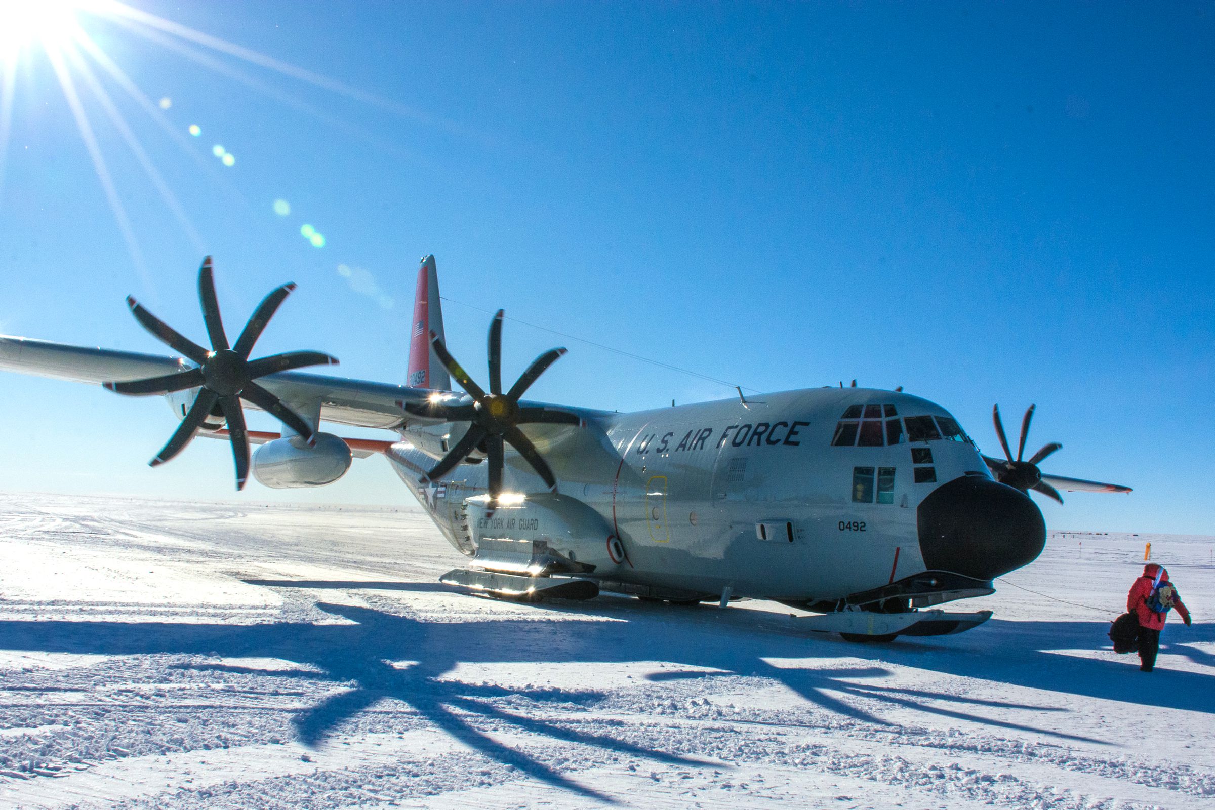 A ski-equipped LC-130 aircraft at NSF's Amundsen-Scott South Pole Station, the same plane used to evacuate Buzz Aldrin