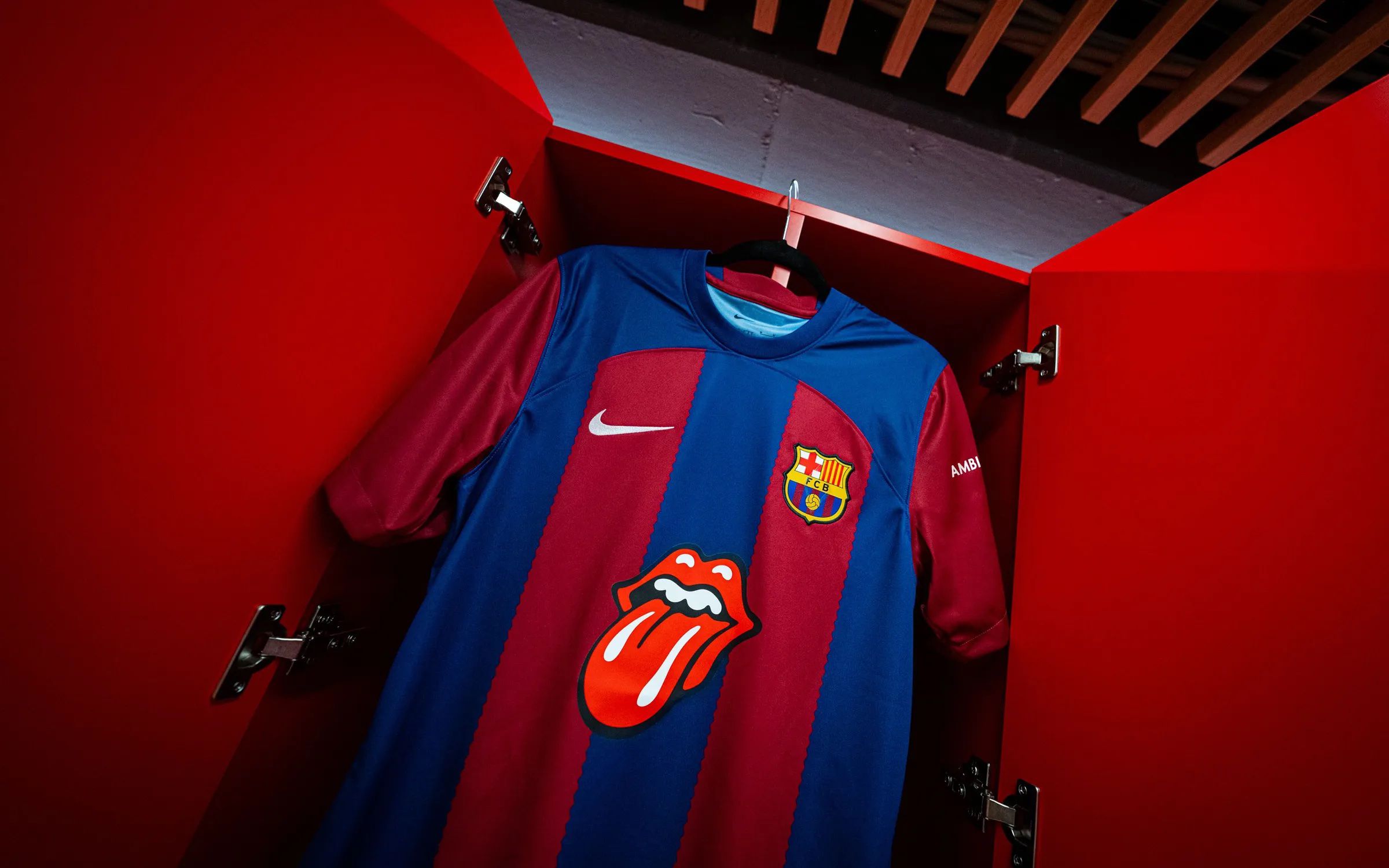 A photo of the FC Barcelona jersey with a Rolling Stones logo as the sponsor.