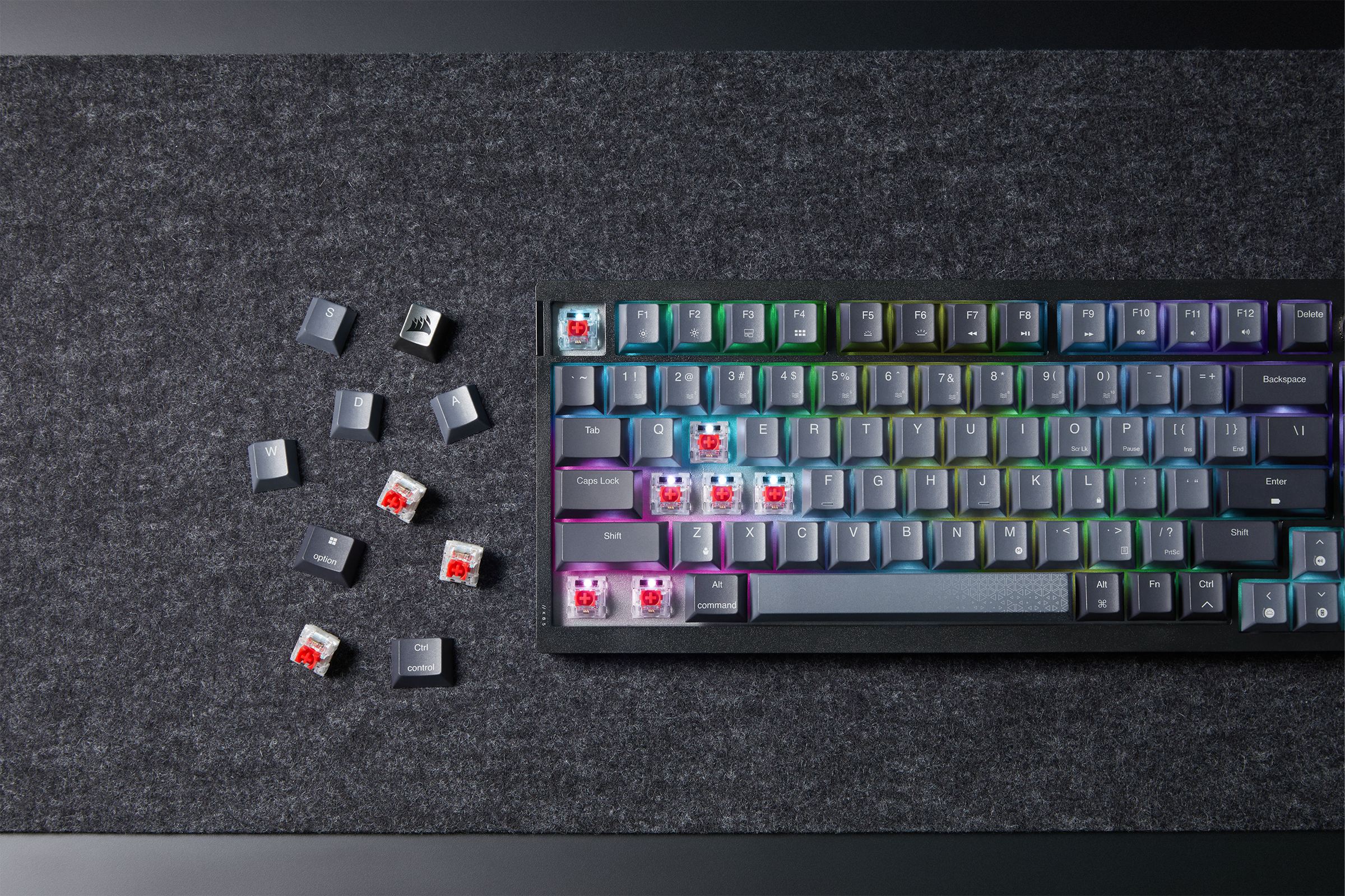 Keyboard with keycaps removed and switches showing.