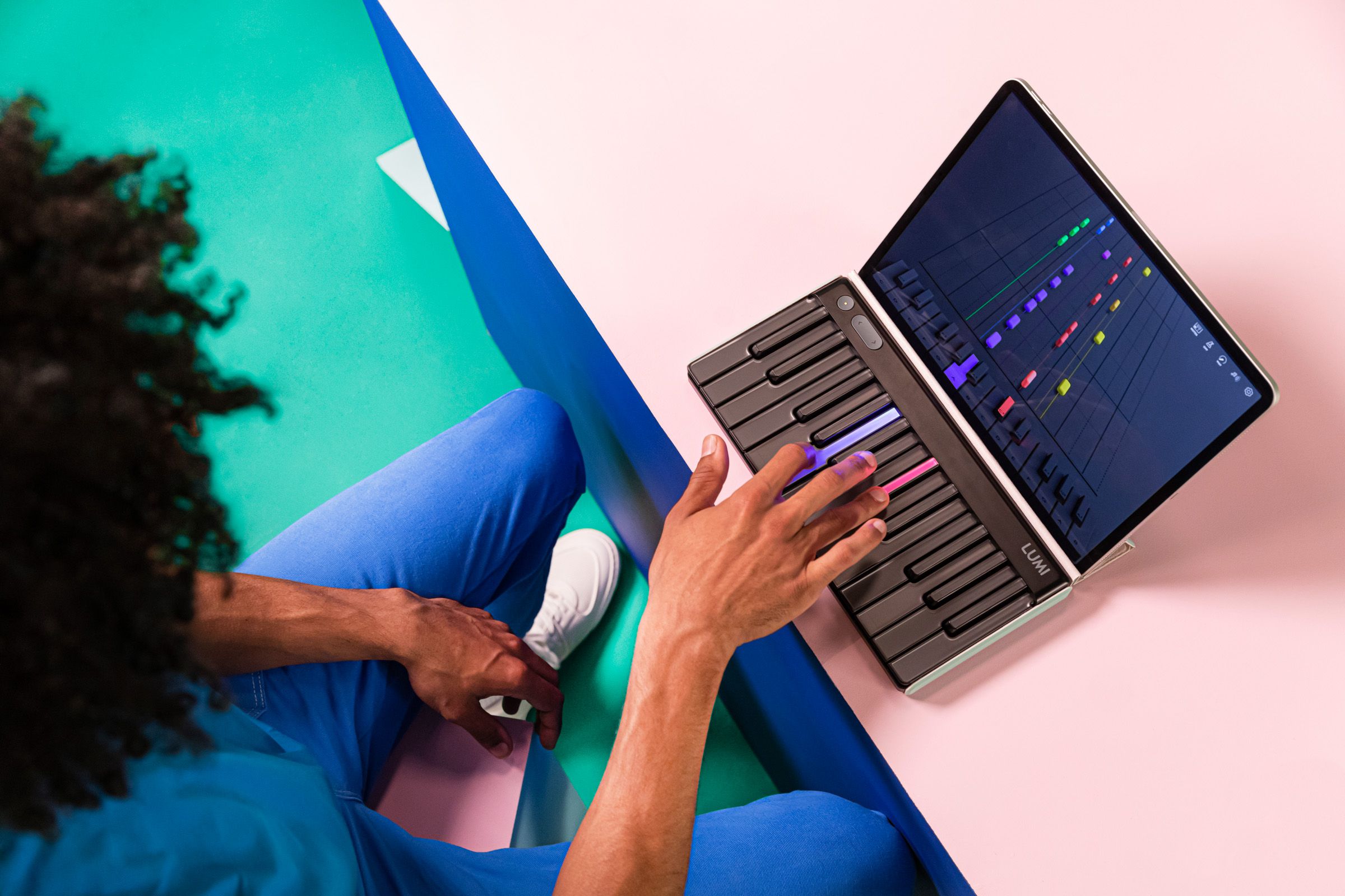 The key draw for the Lumi is its Guitar Hero-style interface that teaches you how to play. 