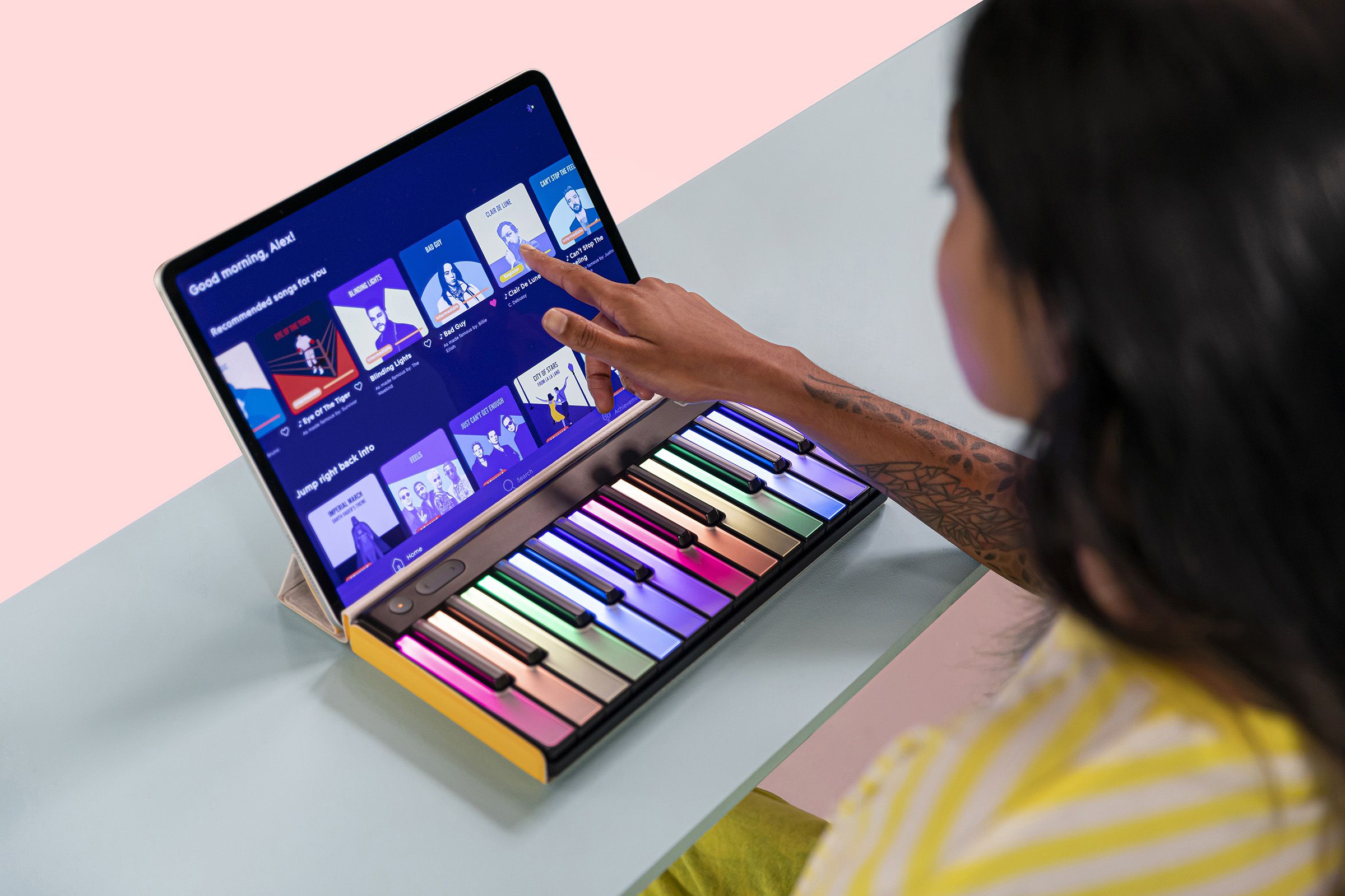 The Lumi keyboard doesn’t work without the app, which lets you play freestyle, learn lessons, or play along with a broad back-catalog of music. 