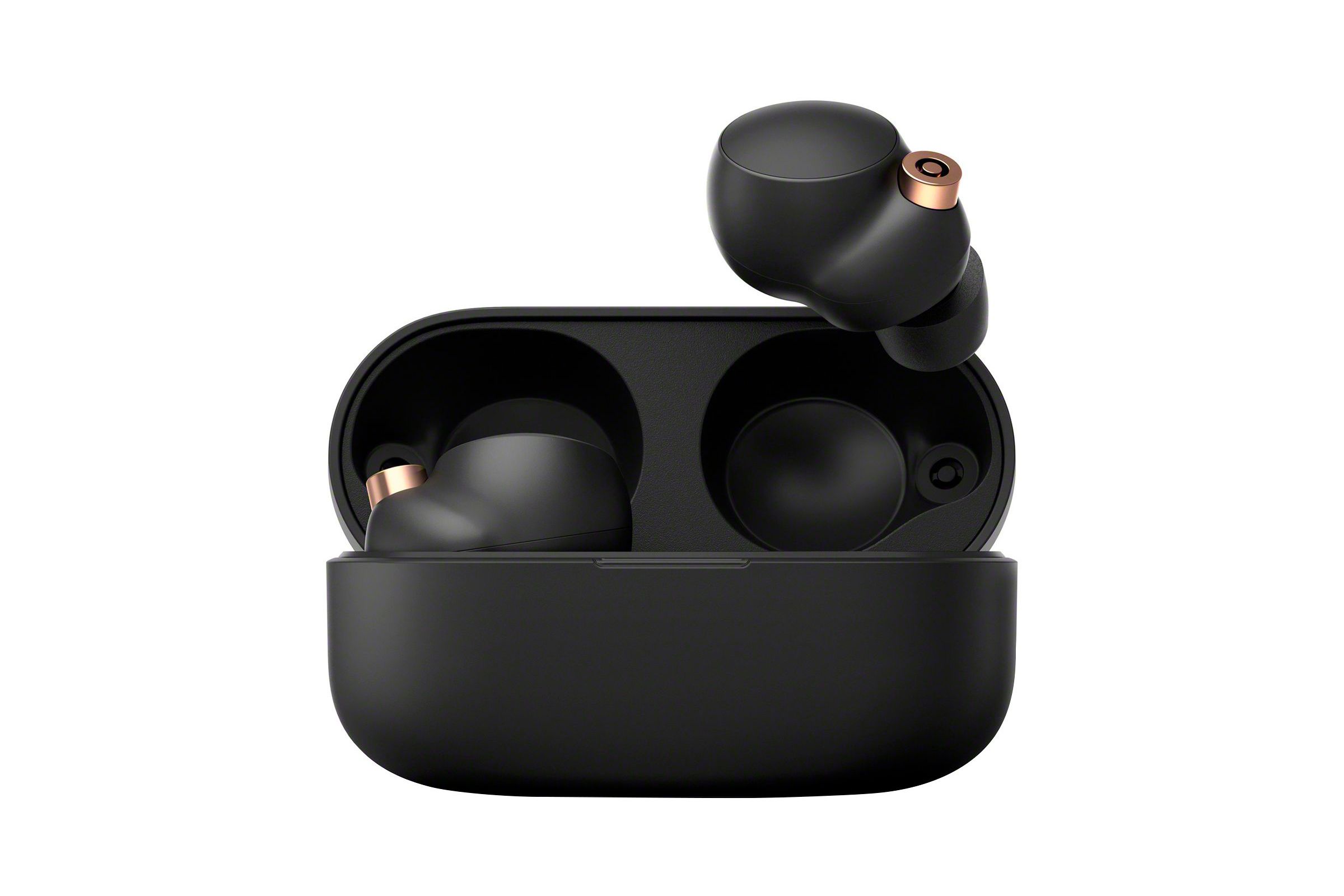 The renders show the earbuds alongside their charging case.