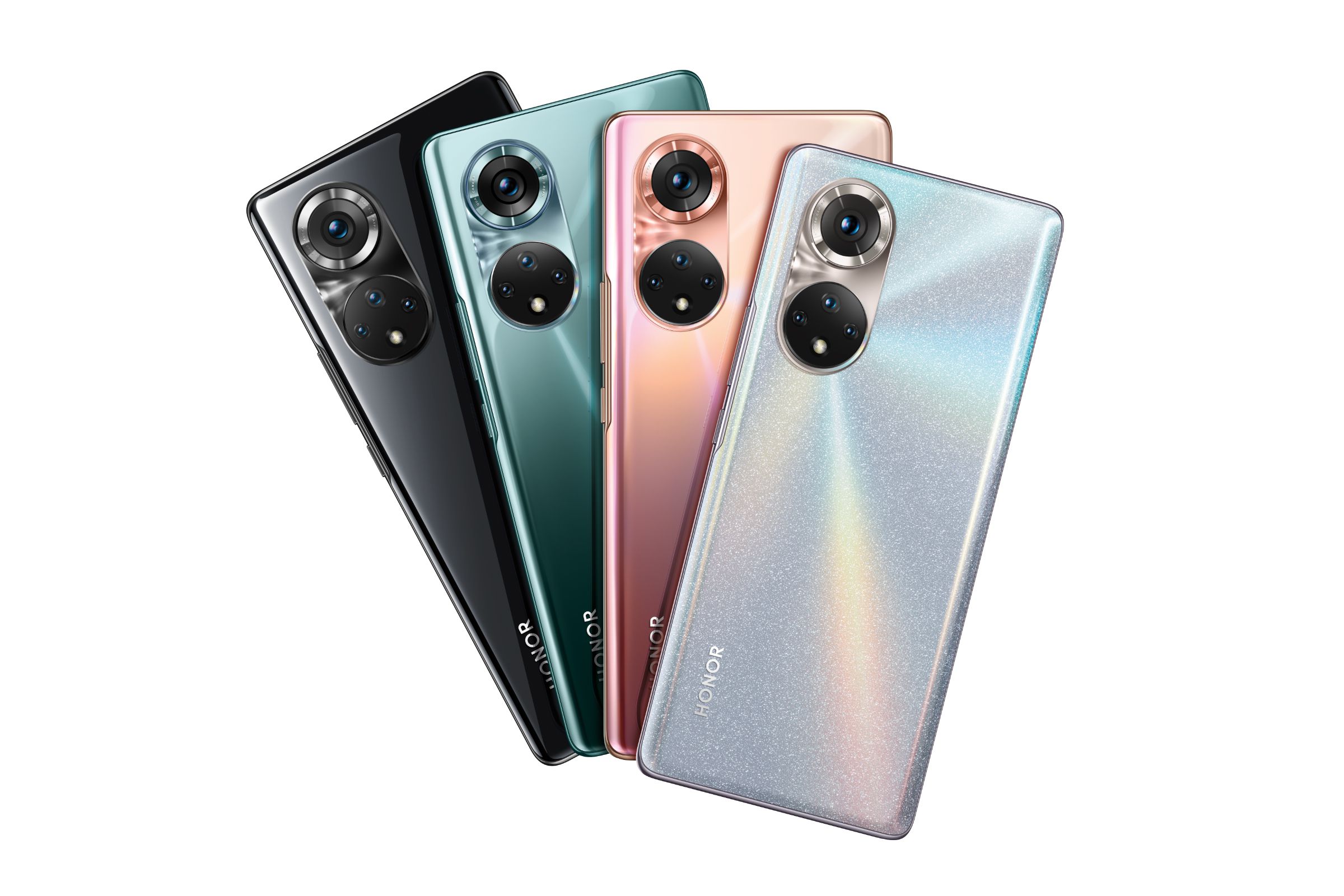 The Honor 50 in silver, copper, green, and black.