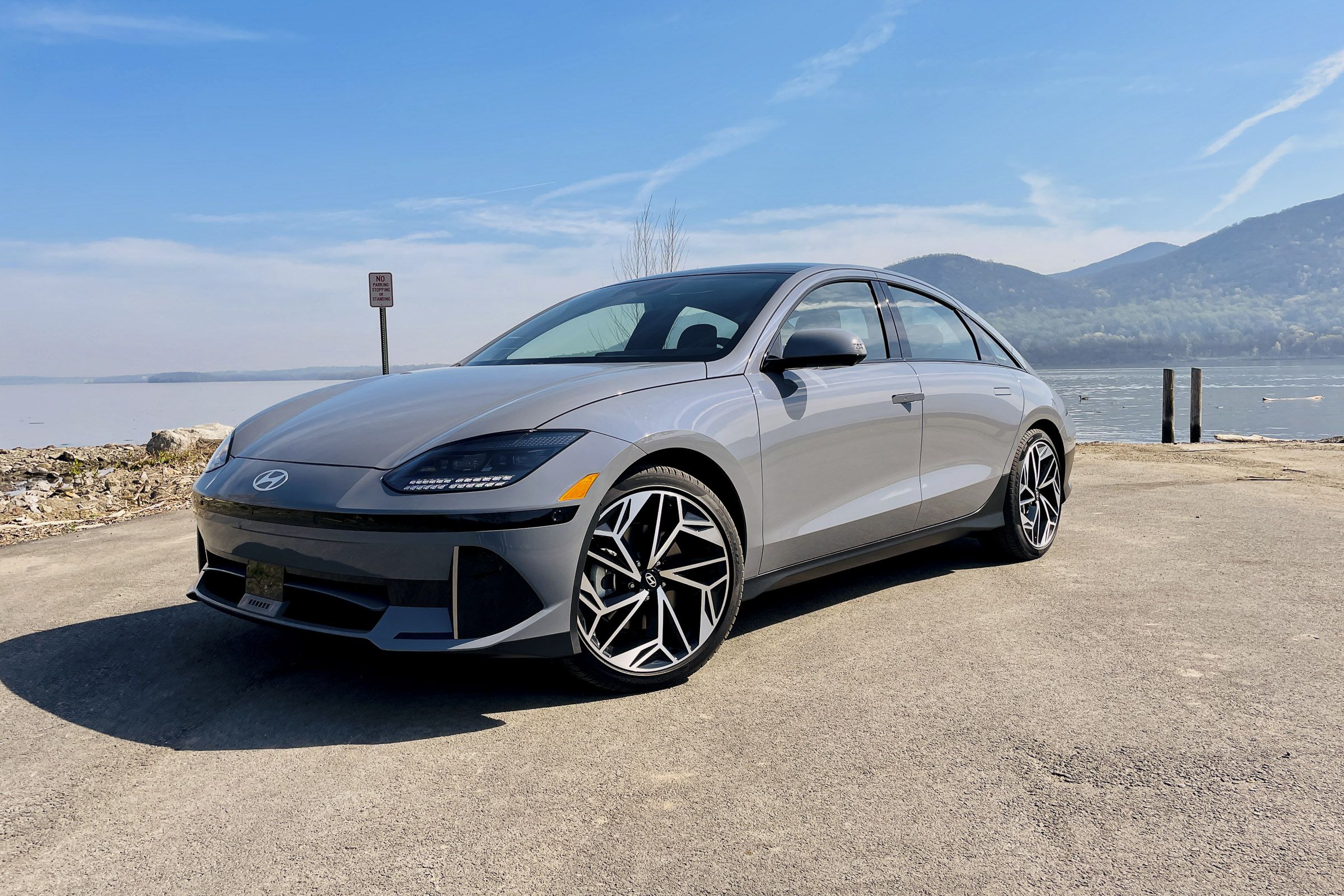 silver Hyundai Ioniq 6 sedan by the water