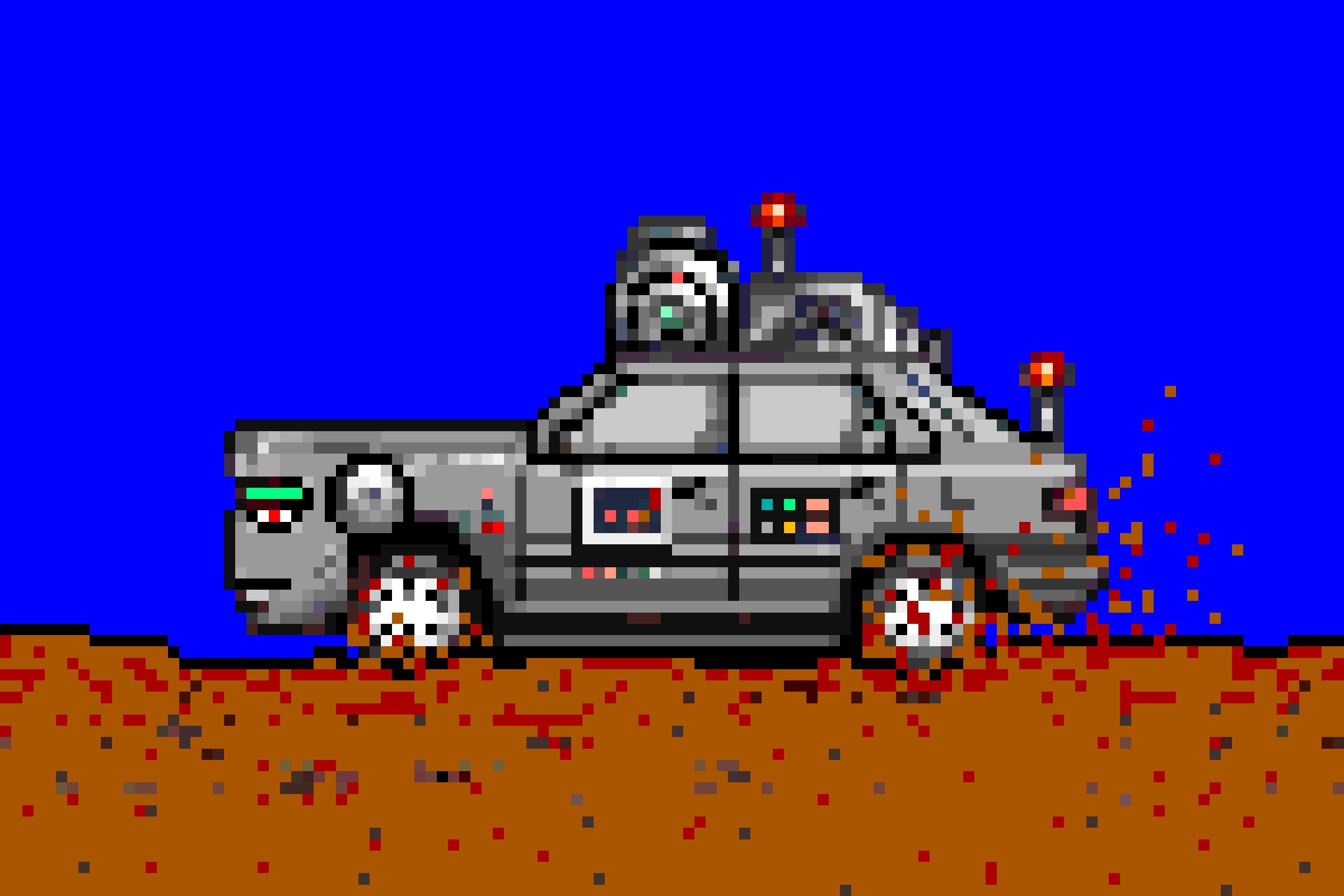 Pixel illustration of a robot car stuck in the mud.