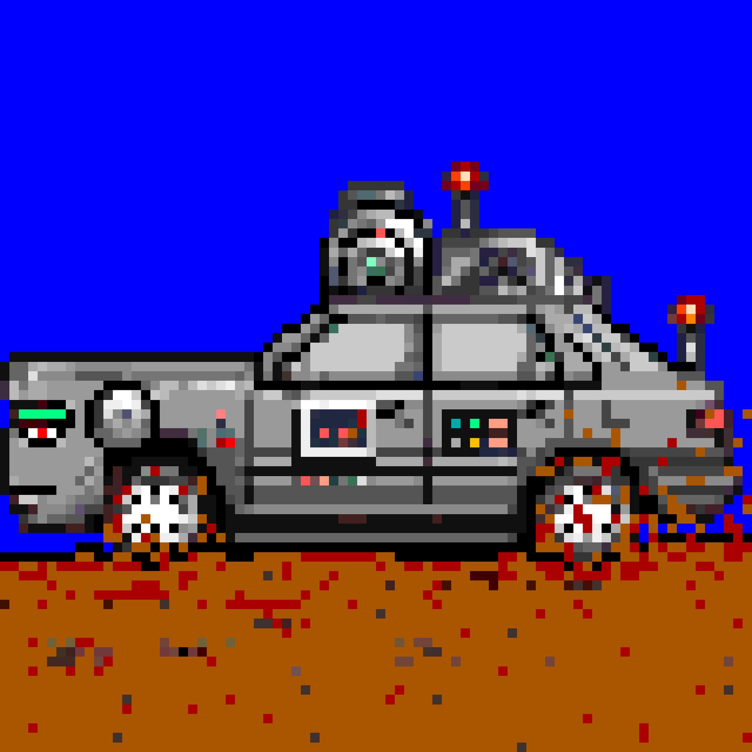 Pixel illustration of a robot car stuck in the mud.