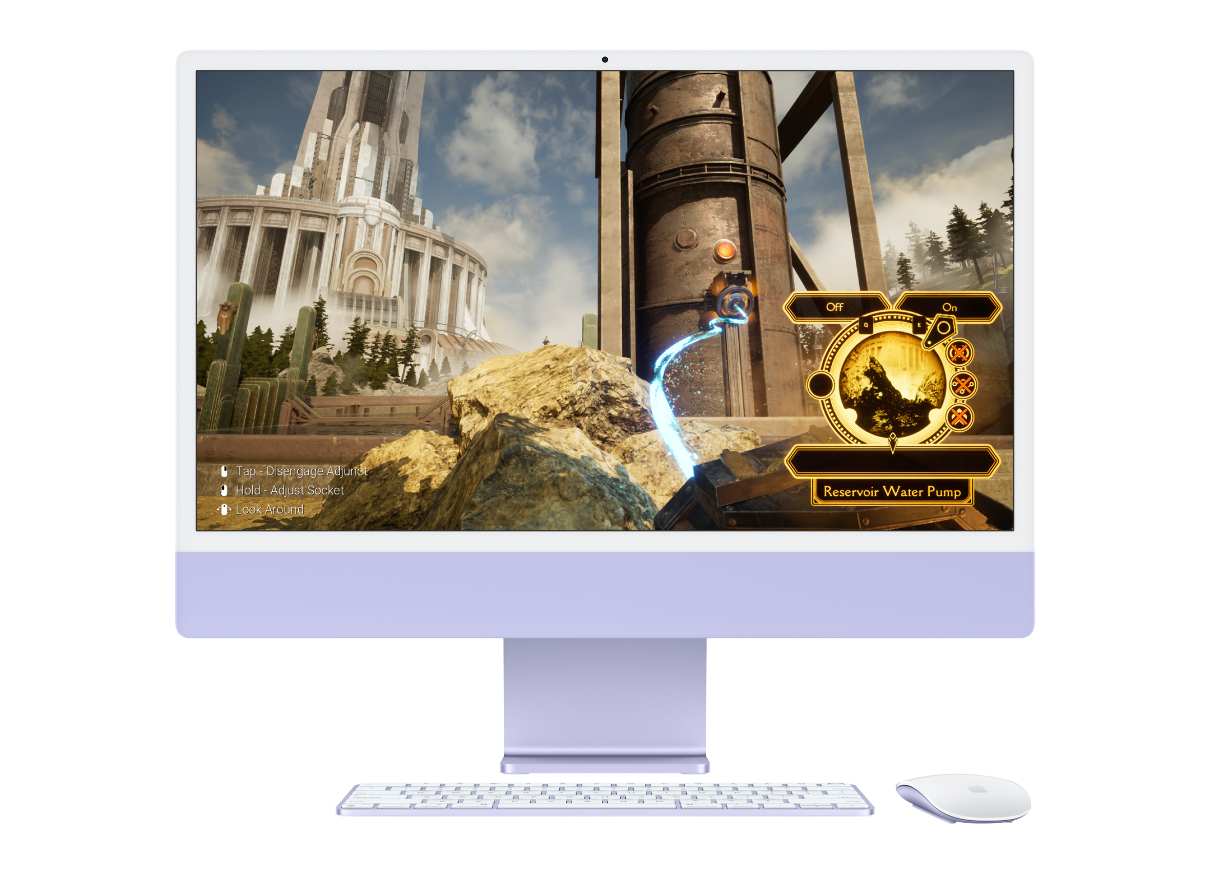 Render of purple iMac with gaming screen