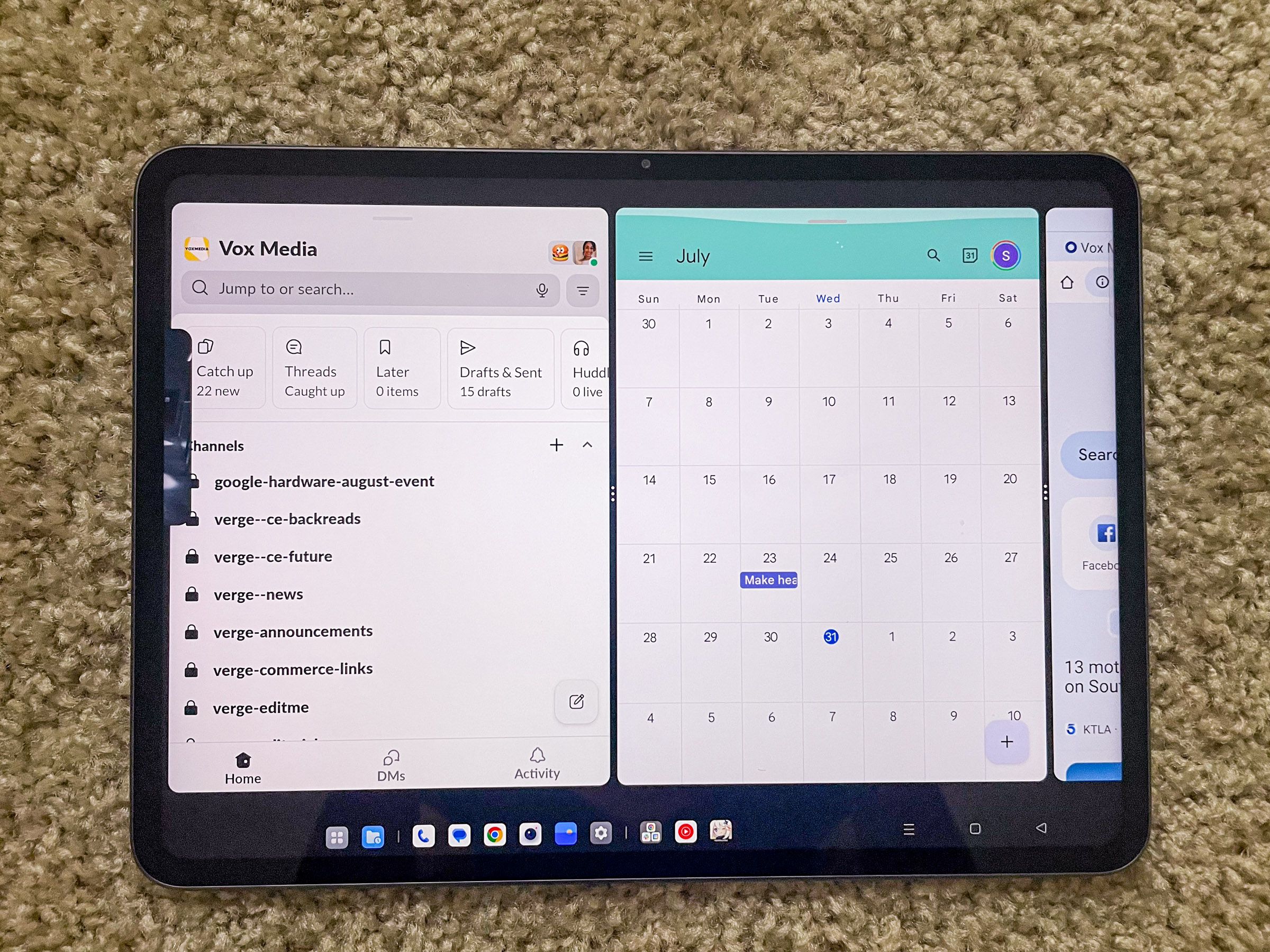 A screenshot of the OnePlus Pad 2 in split-screen view with Slack and Google Calendar open.