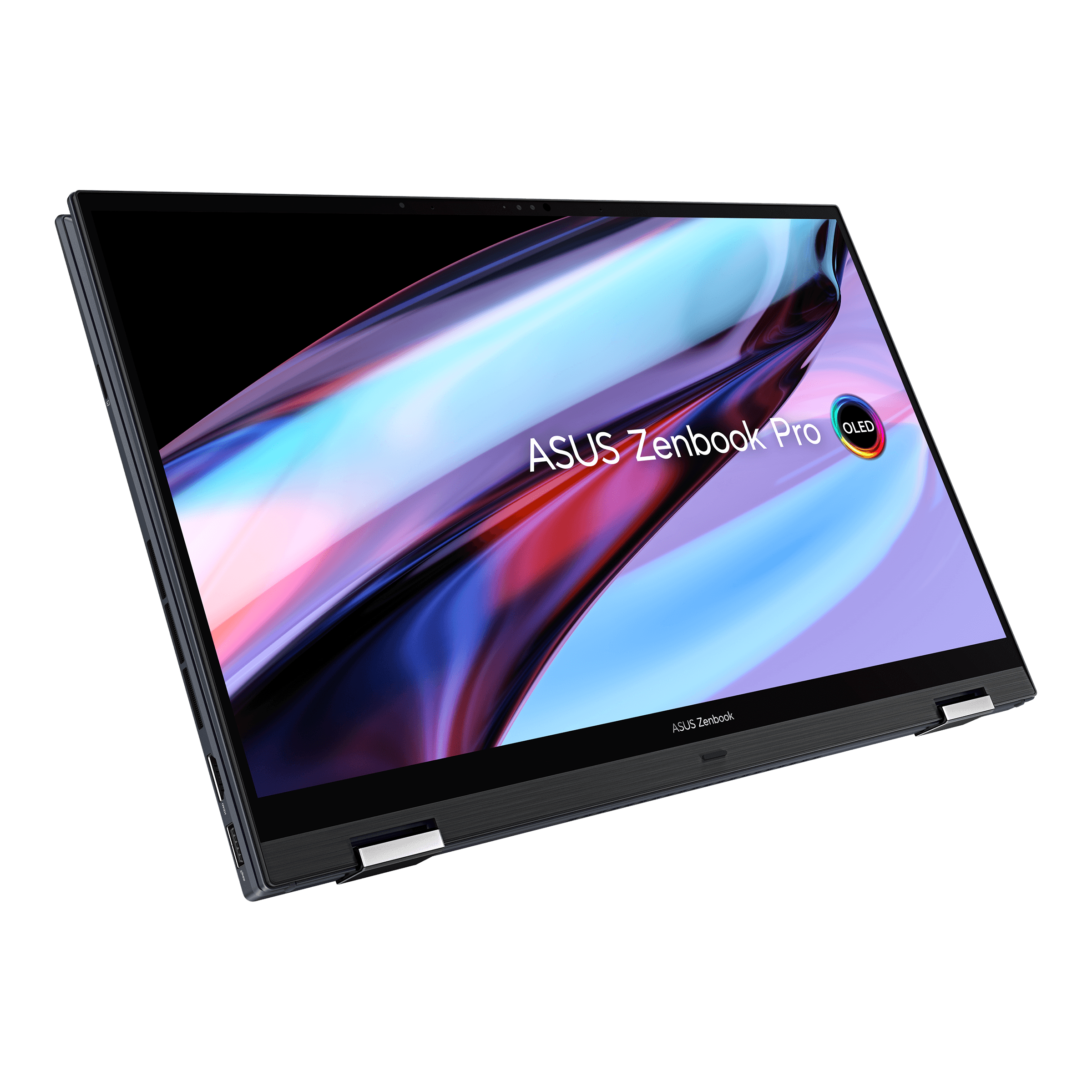 The Zenbook Pro 15 OLED in tablet mode on a white background. The screen displays a multicolor desktop with the Asus Zenbook Pro OLED logo.