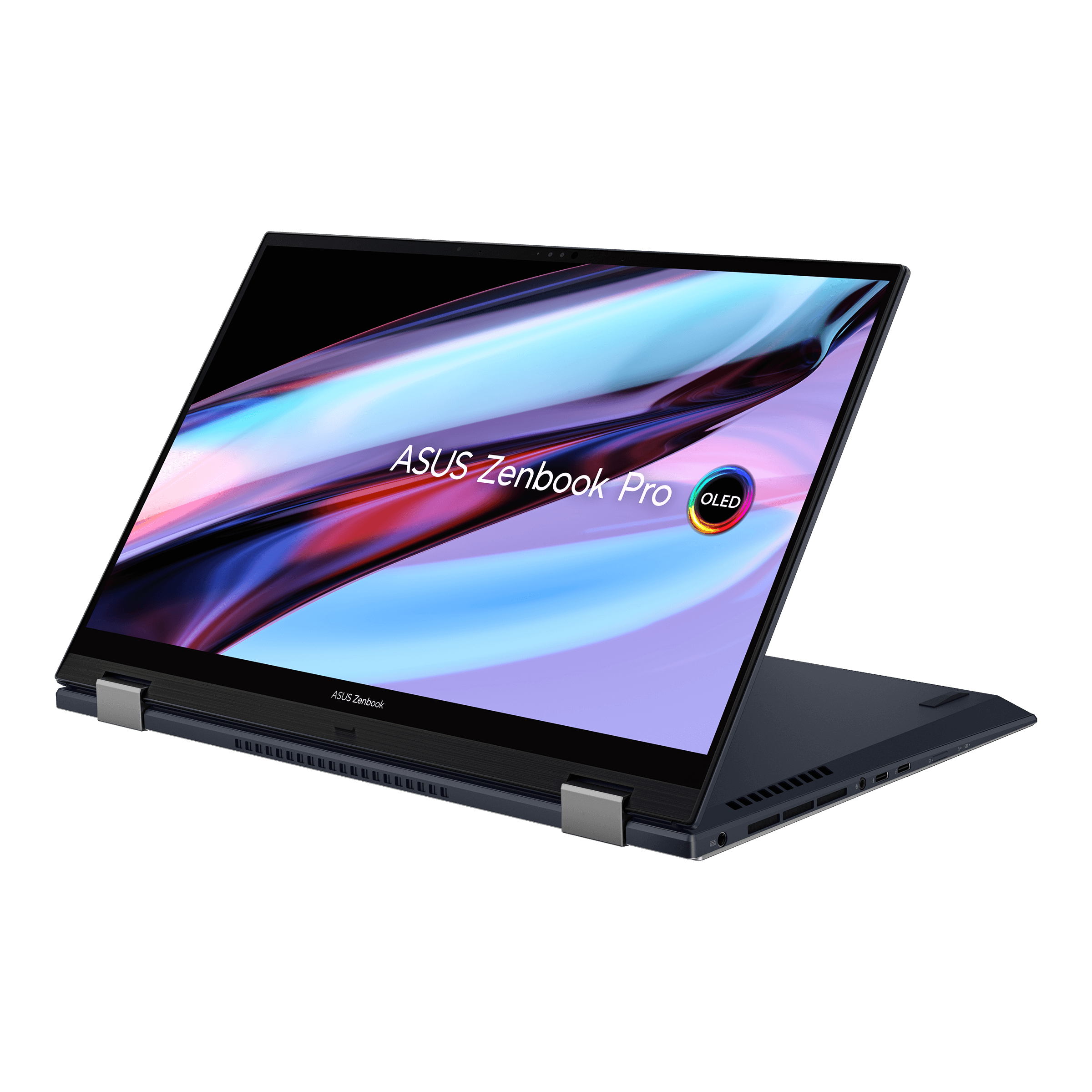 The Zenbook Pro 15 OLED in tablet mode on a white background. The screen displays a multicolor desktop with the Asus Zenbook Pro OLED logo.