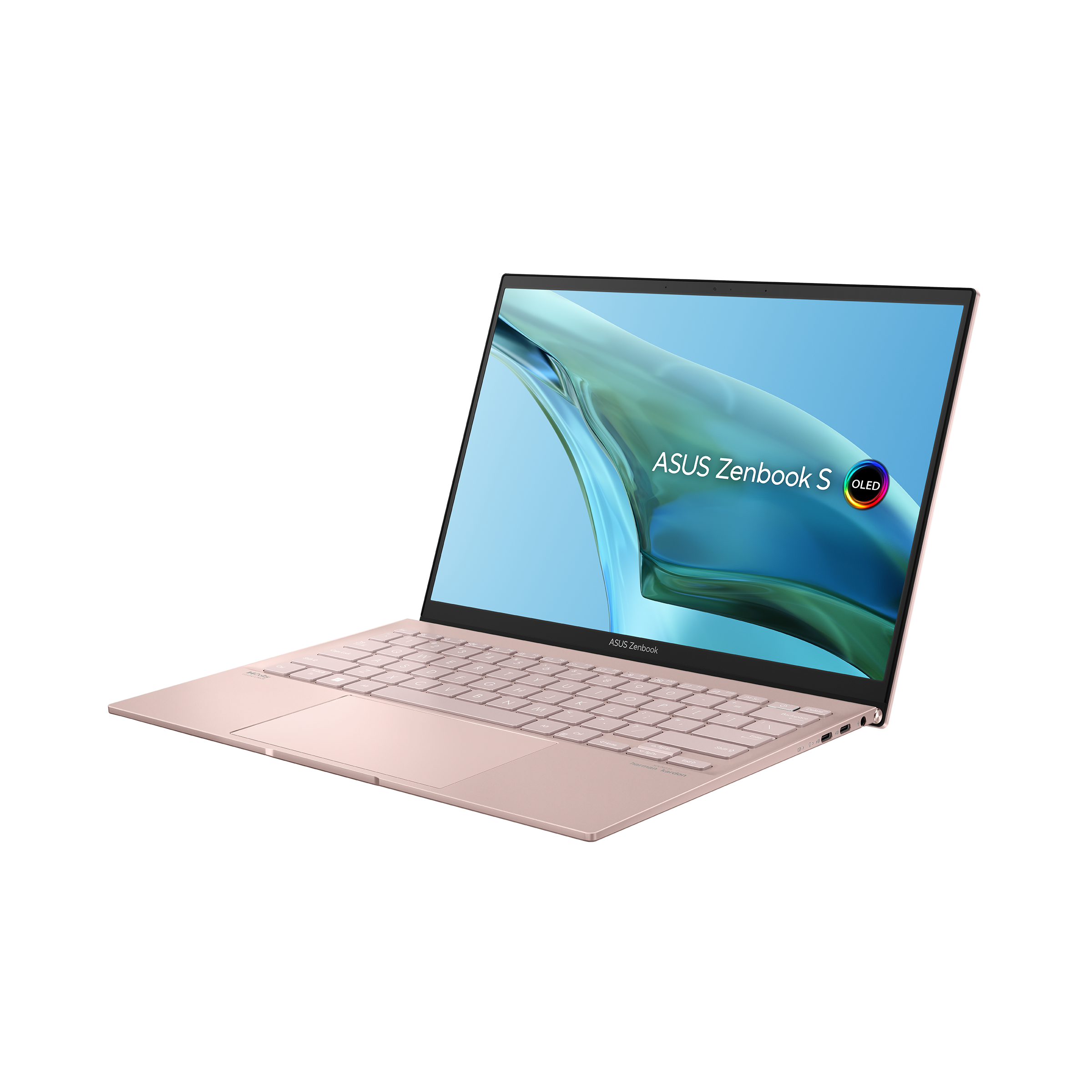 The Asus Zenbook S 13 OLED on a white background.The screen displays a multicolor desktop with the Asus Zenbook S OLED logo.