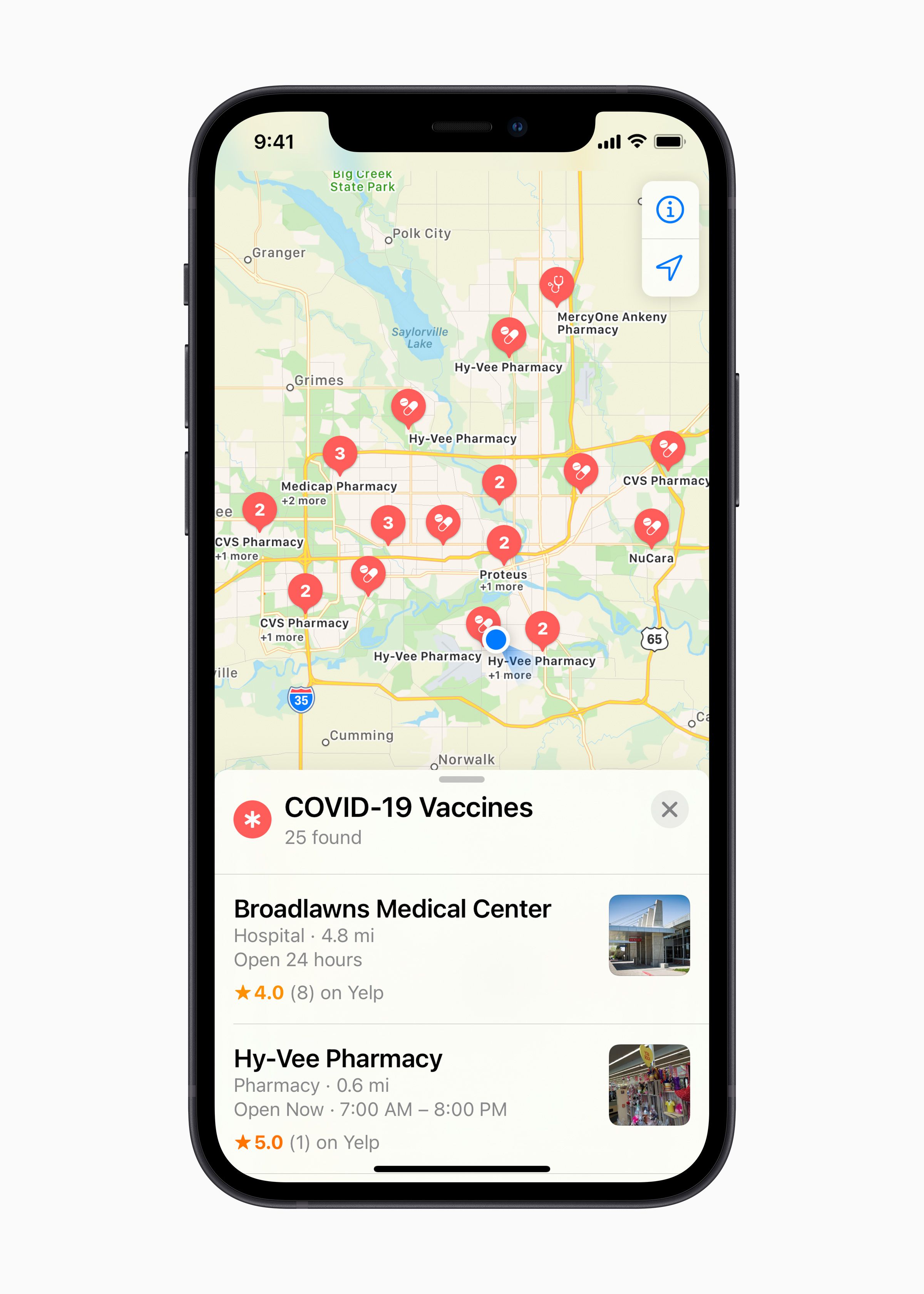 Image of a phone showing Apple Maps with locations marked as COVID-19 vaccine sites.