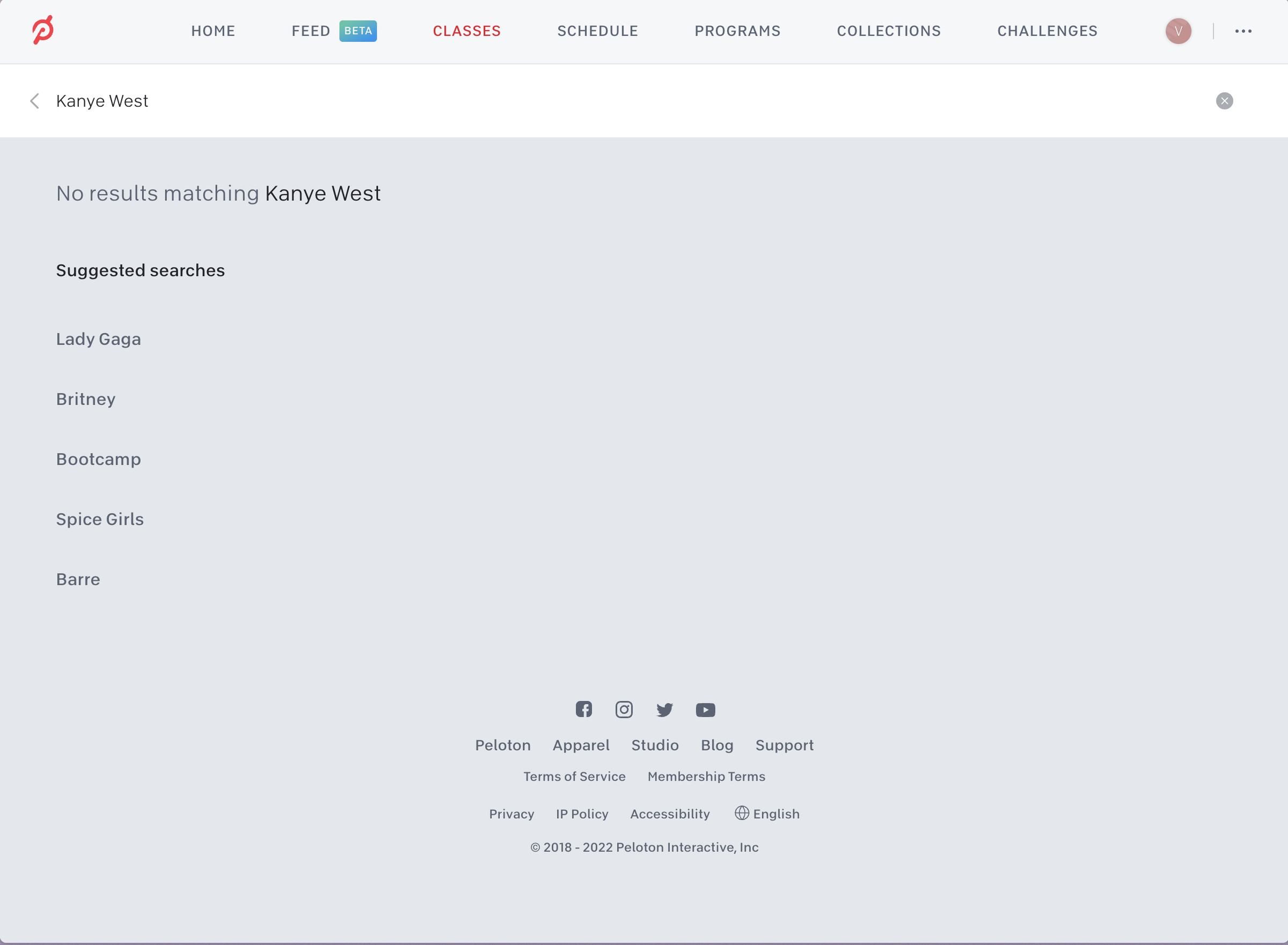 Screenshot of Peloton search website with zero results for a Kanye West search.