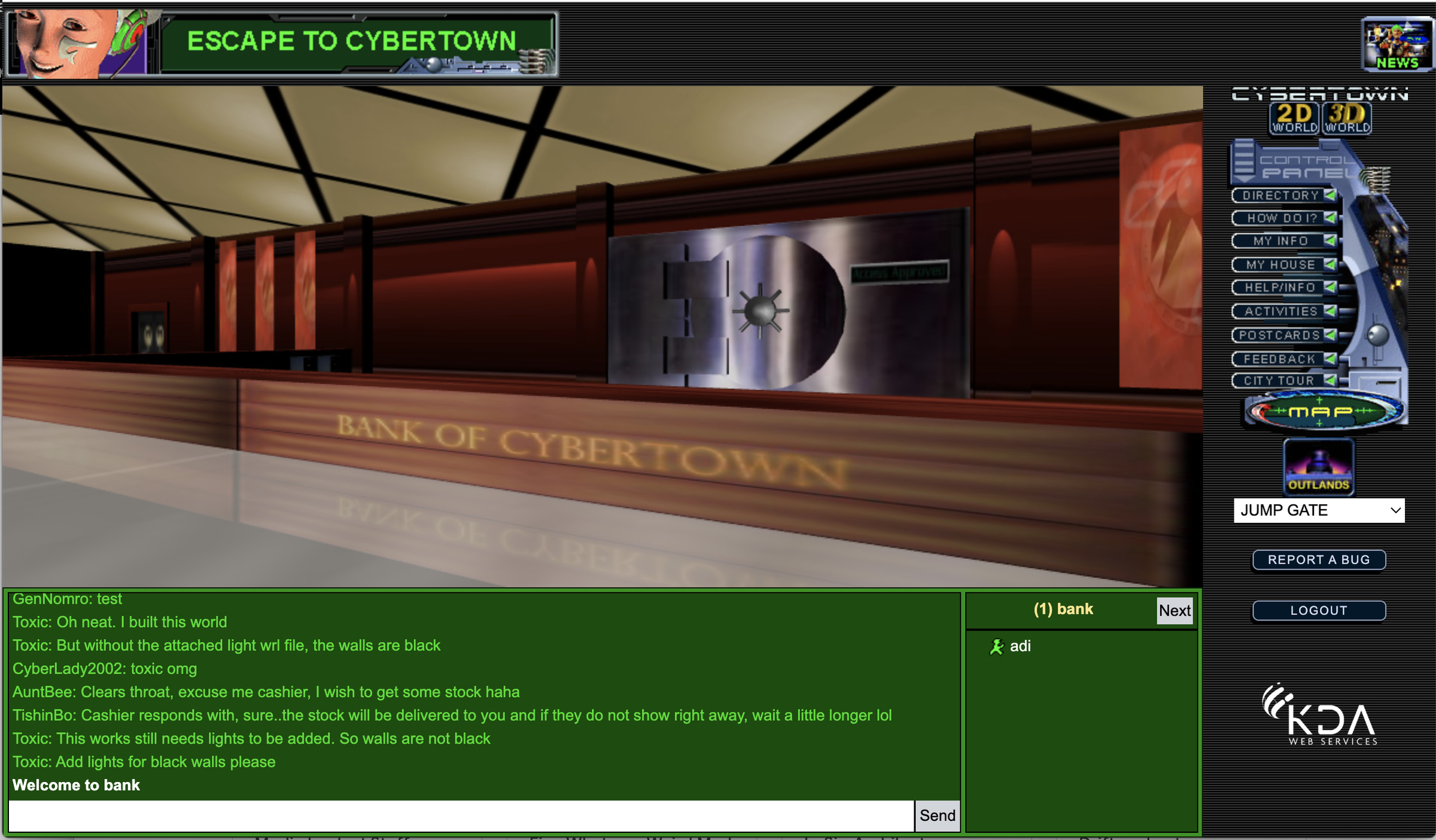 A screenshot of Cybertown’s bank environment with text chats from users.