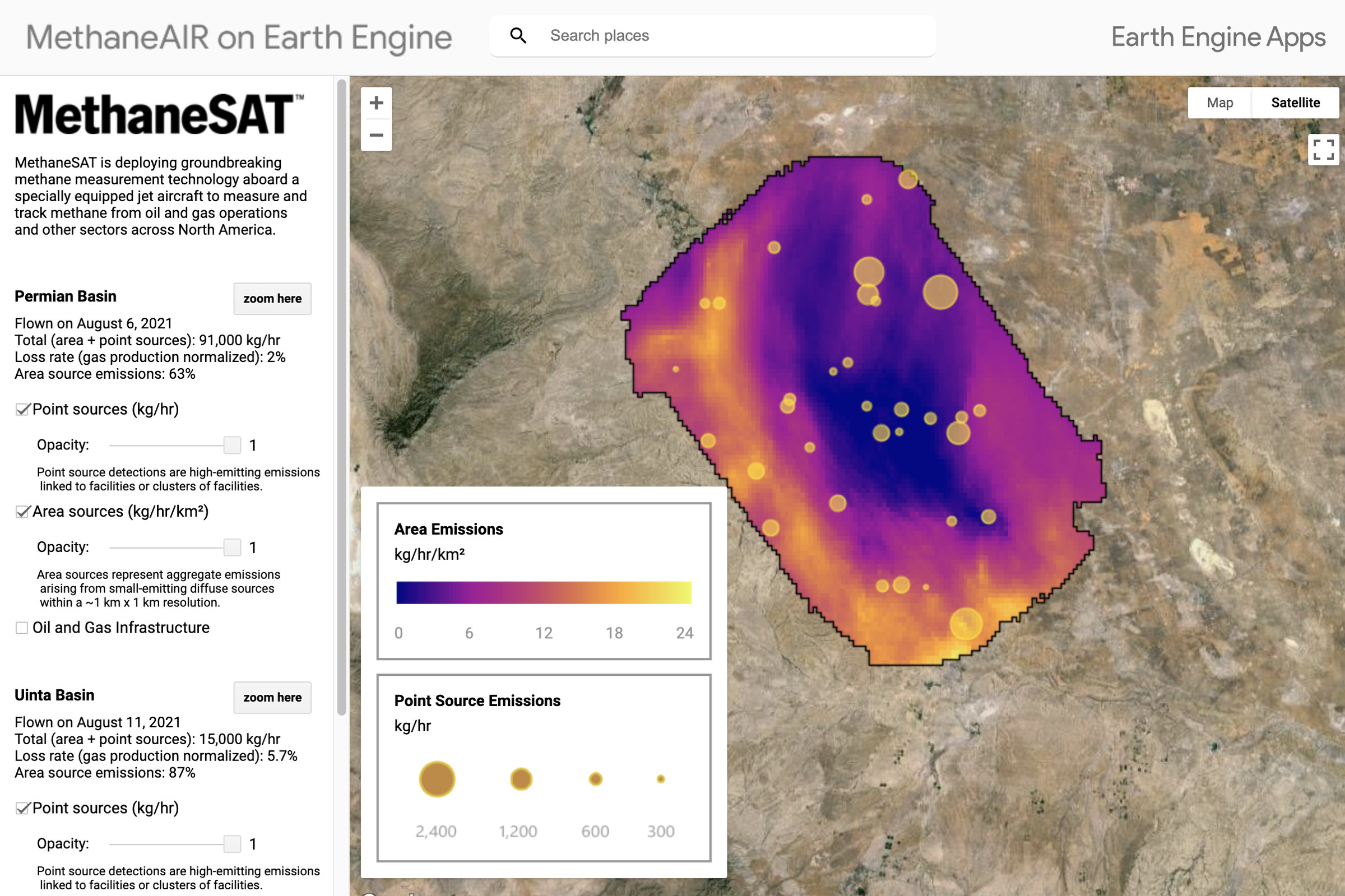 A rendering depicting high-emitting sources of methane pollution as yellow dots, and diffuse sources as a purple and yellow heat map against satellite imagery of Earth.