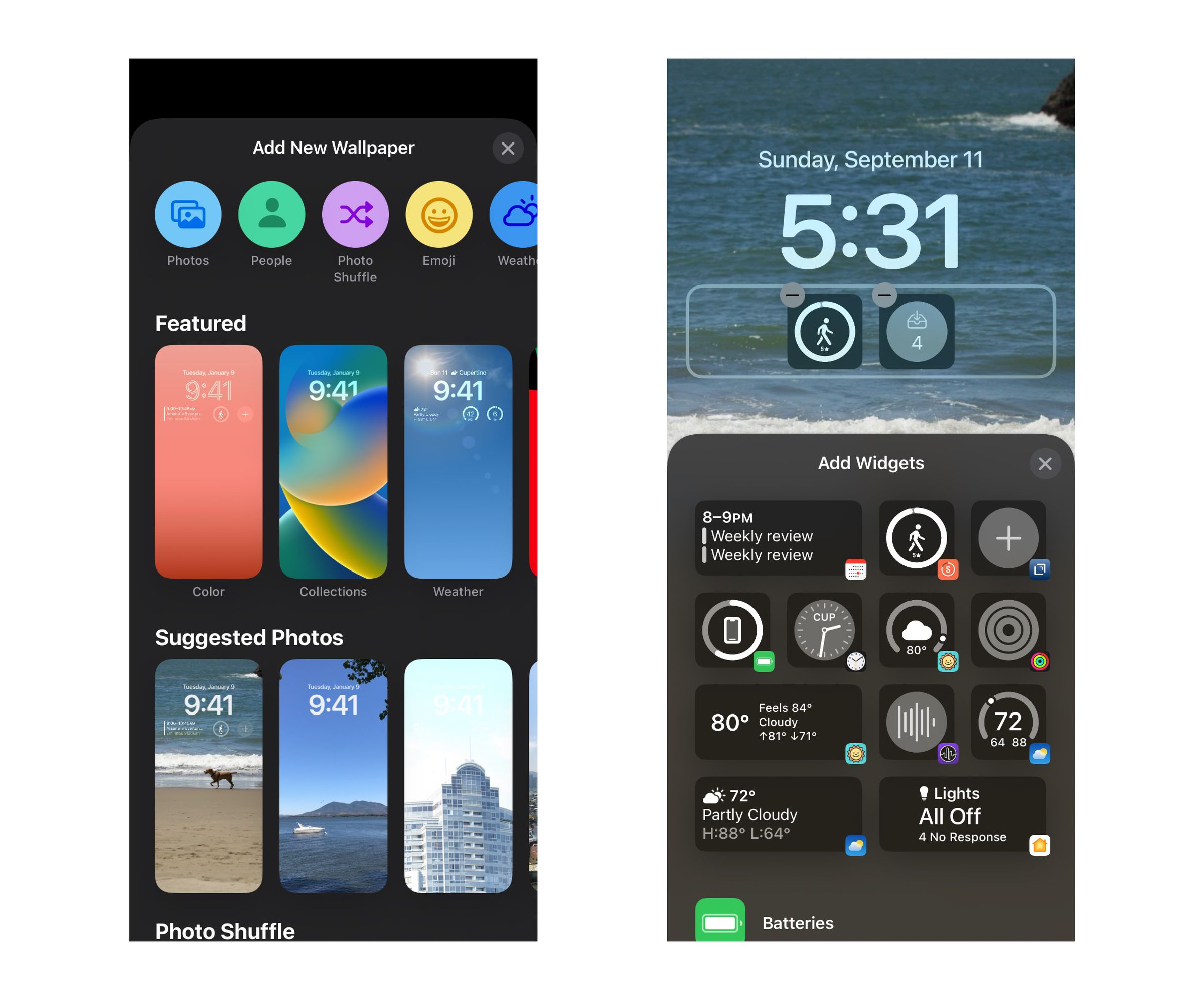 Screenshots showing the new lock screens in iOS 16.