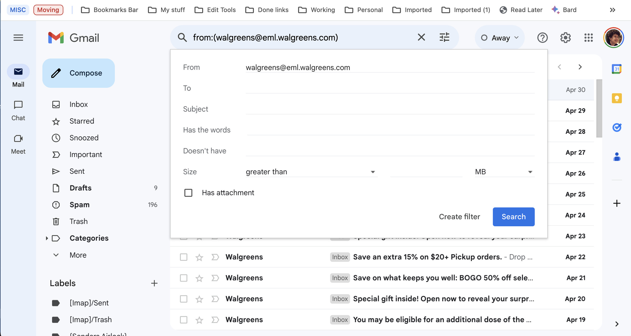 Gmail message filter showing emails from Walgreens.