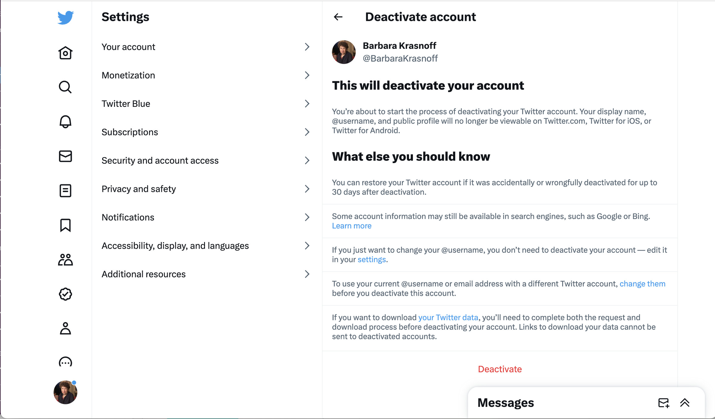 web page with Settings on left, Deactivate Account on right, and instructions below that.