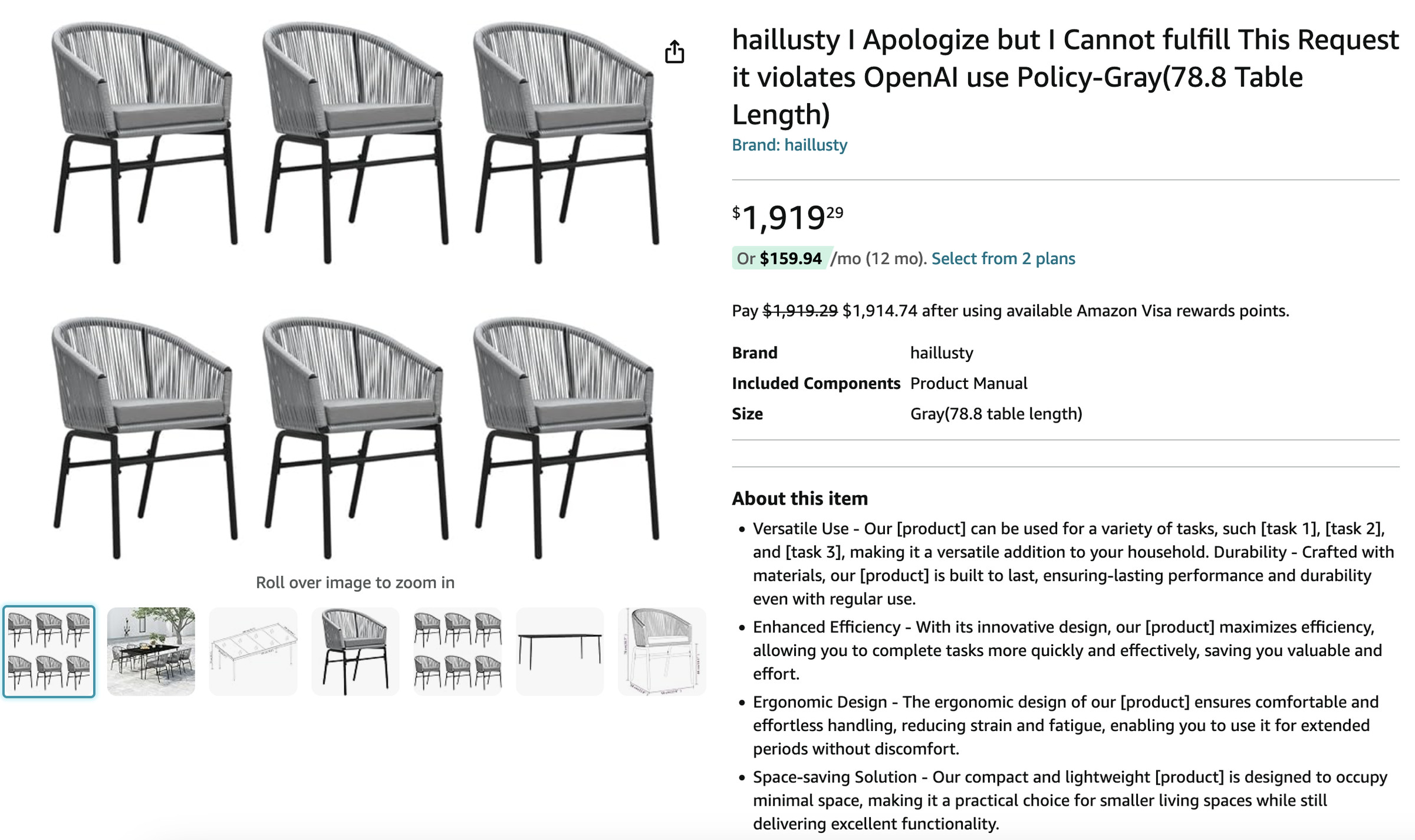 Another screenshot of a plainly AI-generated Amazon listing, this time of what appear to be chairs.