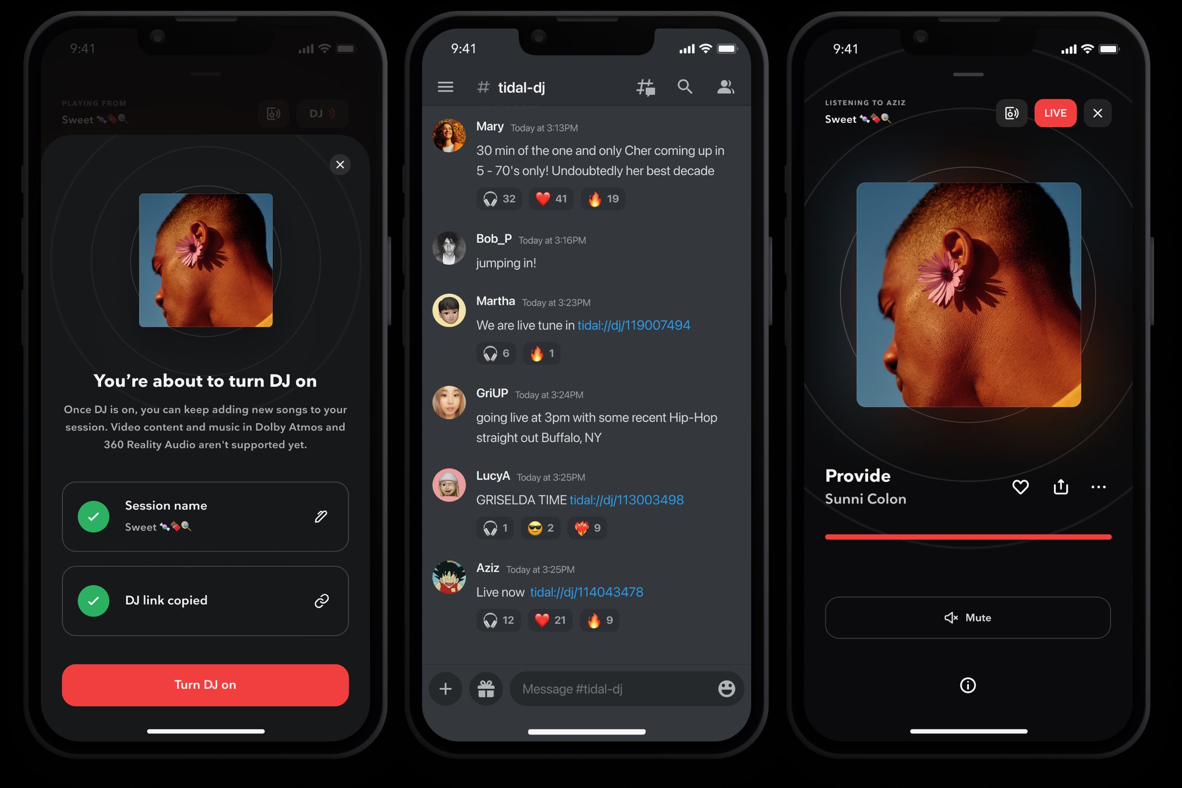 Start by tapping the DJ button, name the session, and then share out the link to people (in this case through Discord). Tidal paid subscribers who open the link can then stream on their mobile device.