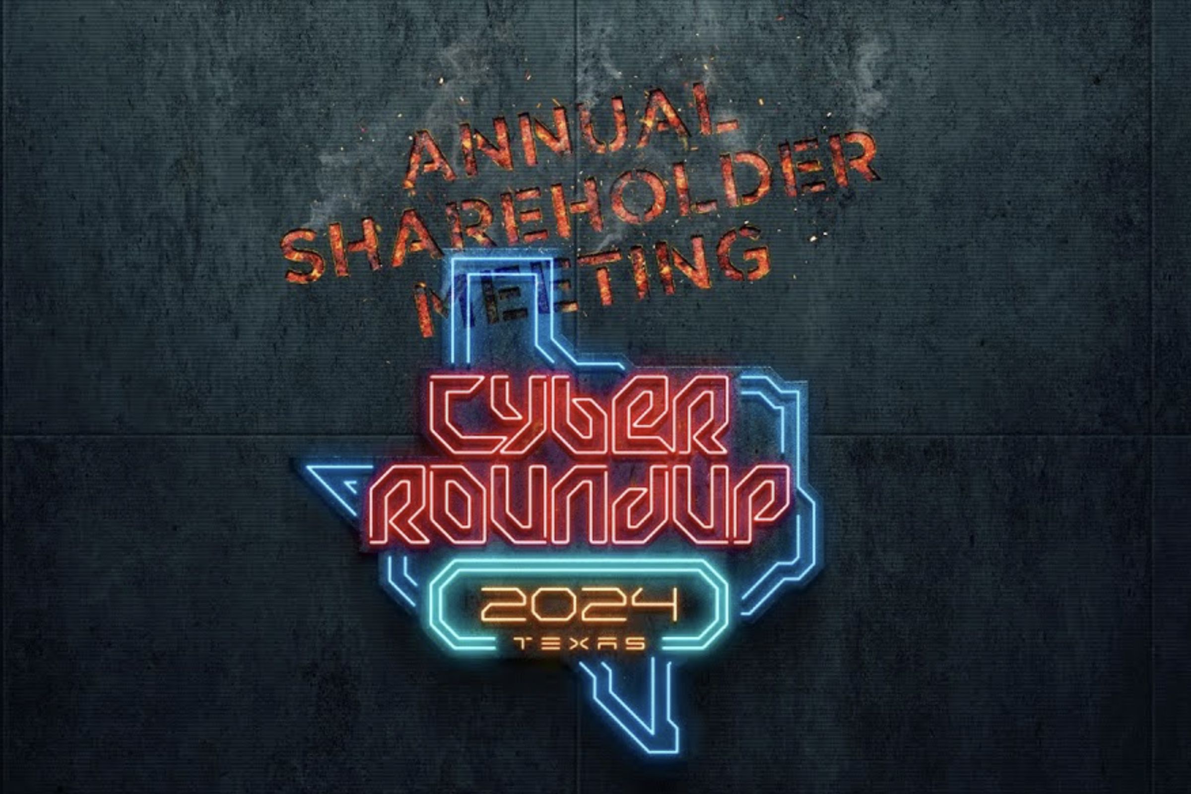 logo for Tesla cyber roundup annual shareholder meeting 2024, its a neon Texas-shaped sign