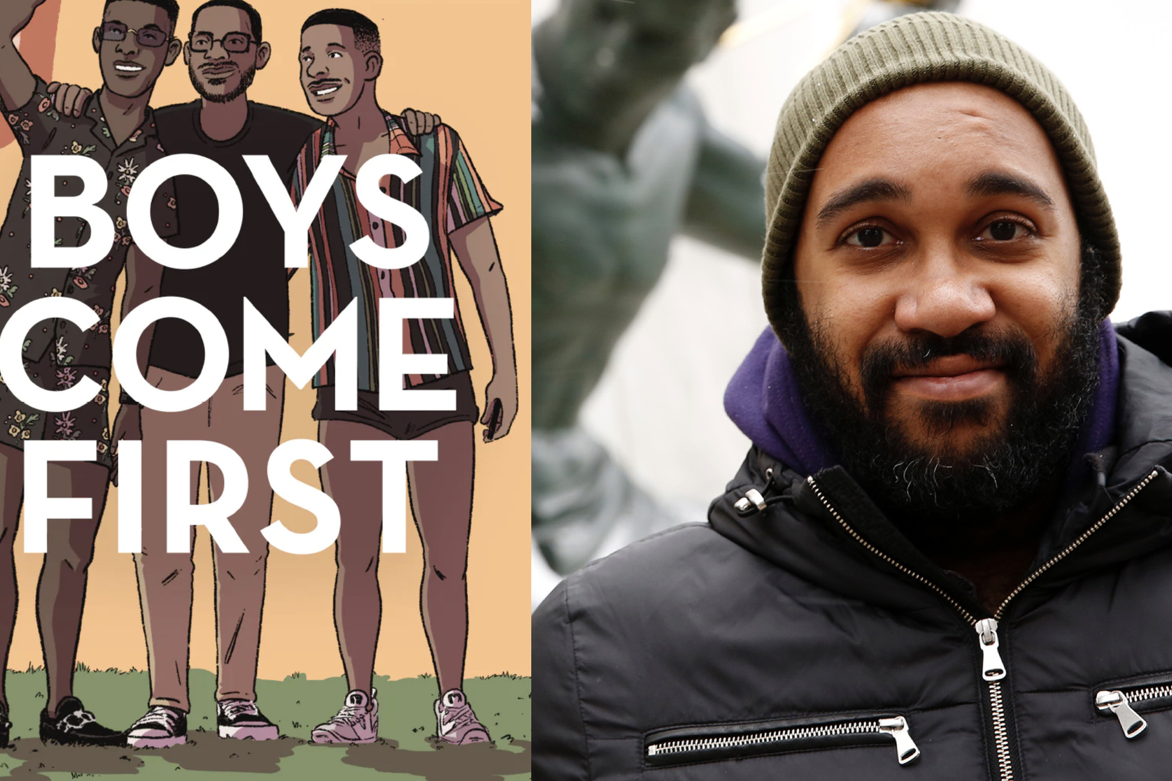 Boys Come First’s cover art and a photo of Aaron Foley.