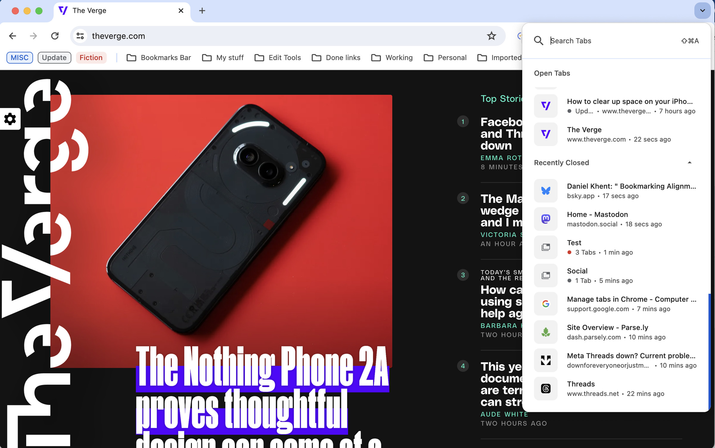 The Verge main page with Search Tabs drop down menu on the right.