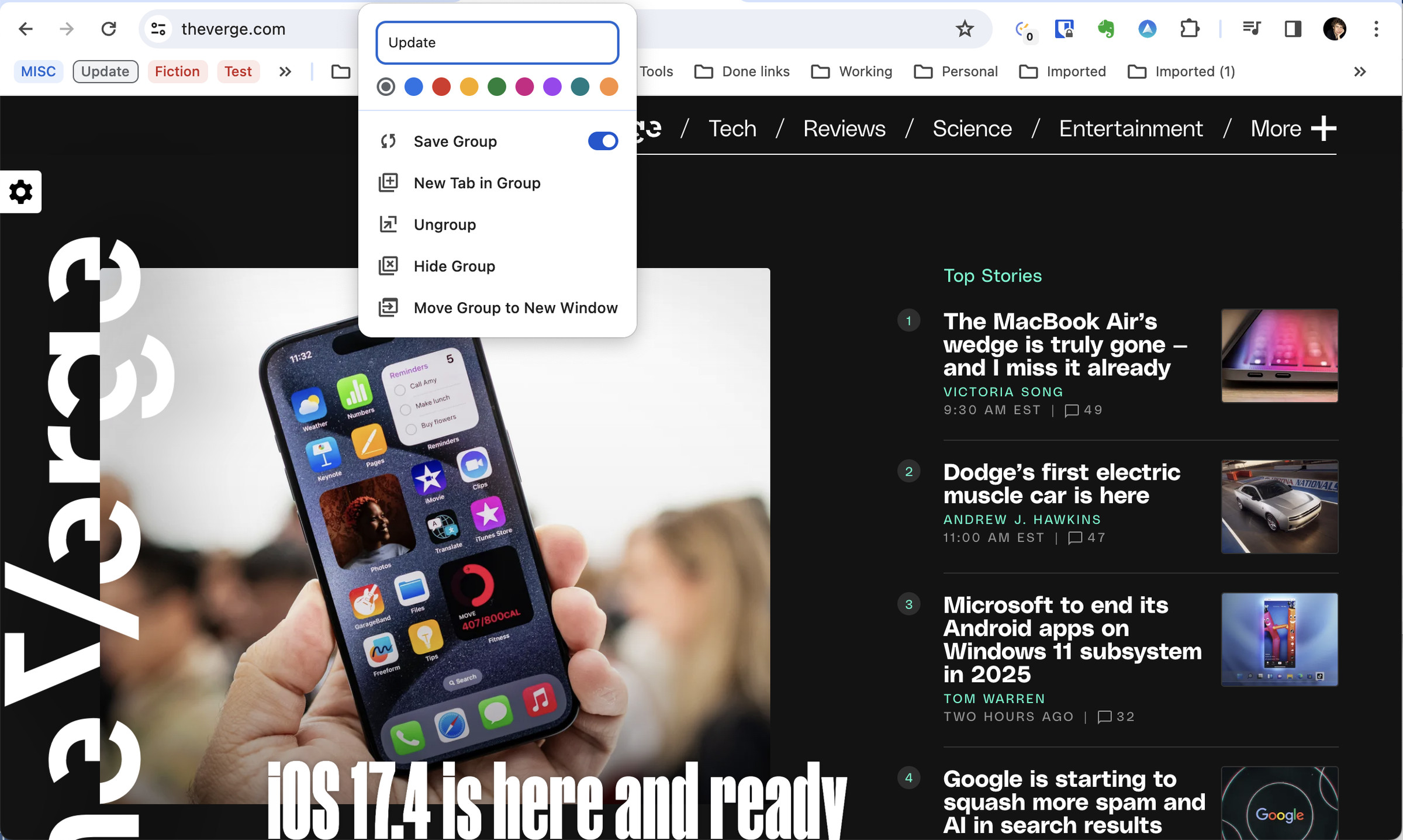 The Verge main page with a drop-down menu showing options for tab groups