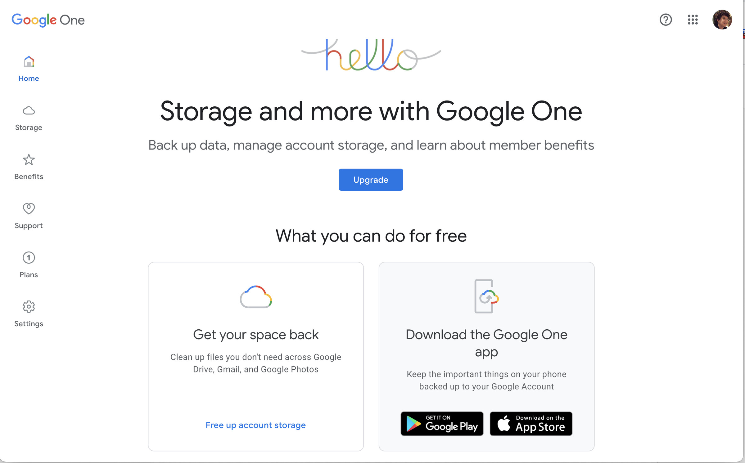 The Google One page includes a tool to help free up storage space.