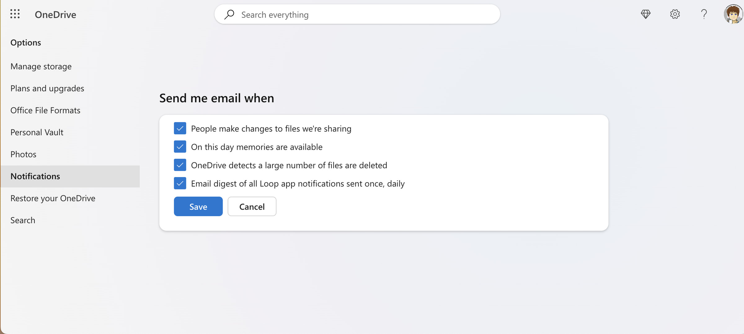 OneDrive page showing options for “Send me email when”
