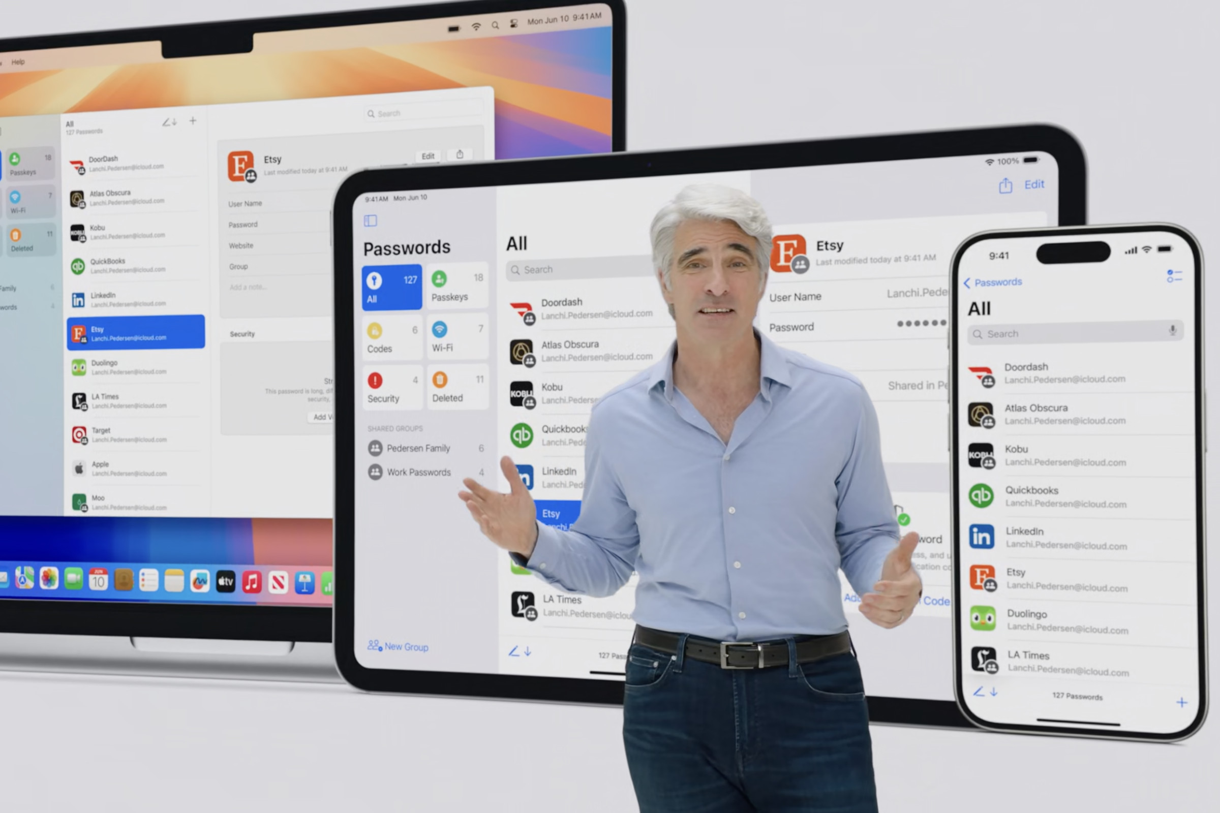 Apple’s Craig Federighi presenting Apple’s new Passwords app at WWDC 2024.