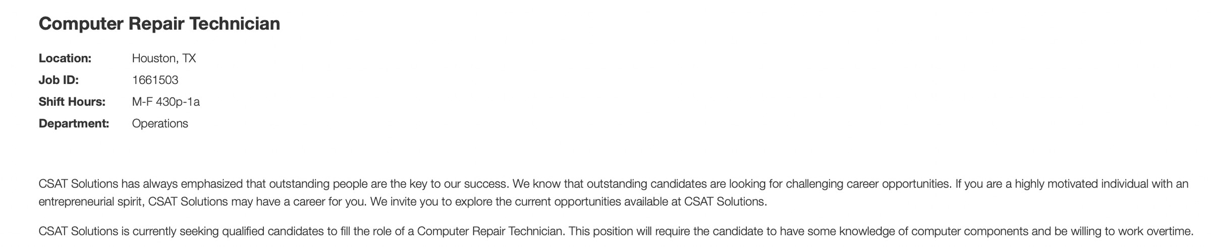 The job listing includes the line “This position will require the candidate to have some knowledge of computer components and be willing to work overtime.”