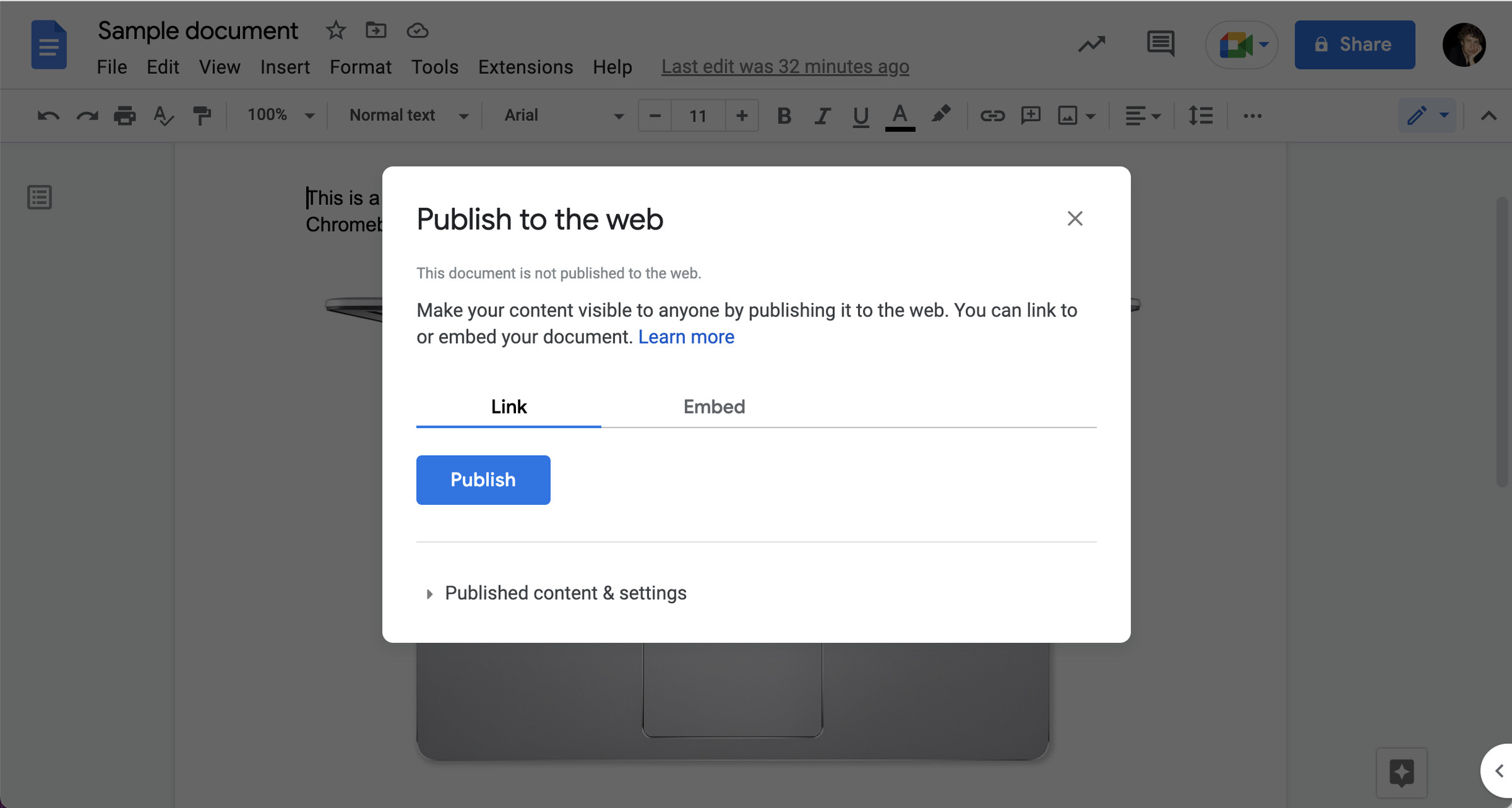 Pop up that offers a link to a web page of your document