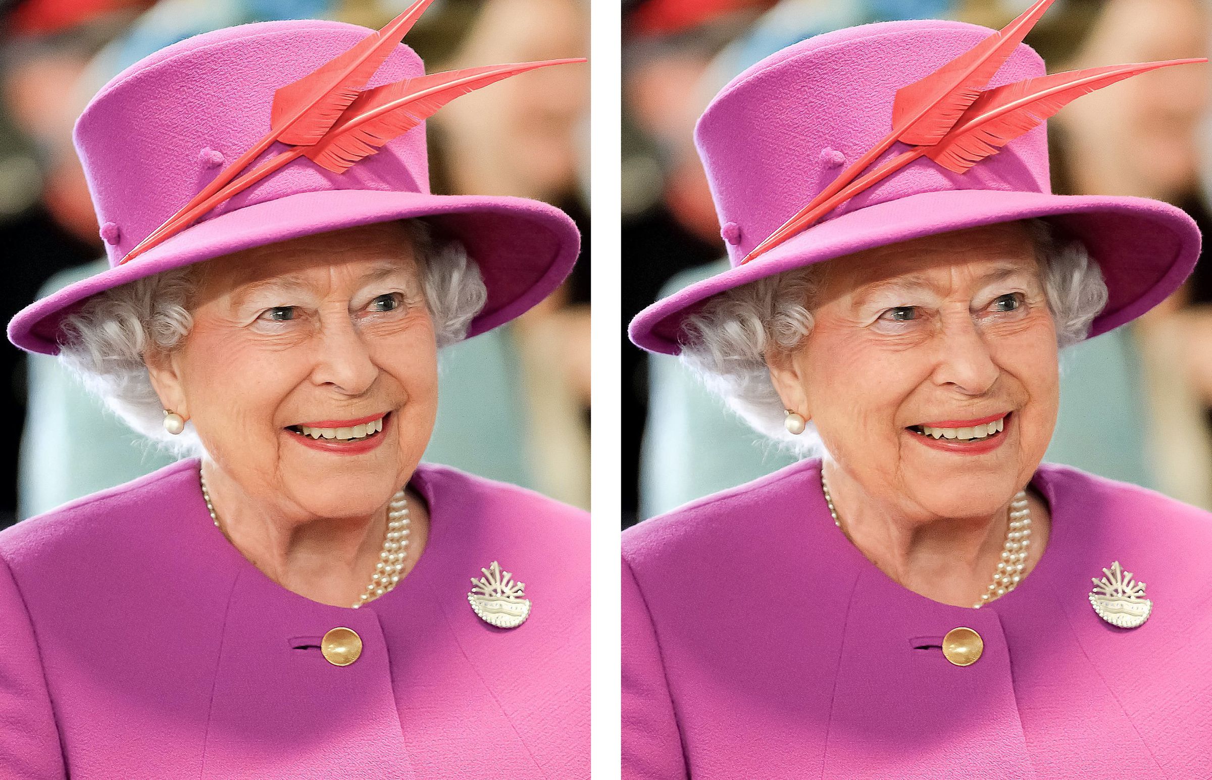 You’d hardly recognize her. Photos of Queen Elizabeth II before (left) and after (right) being run through Fawkes cloaking software. 