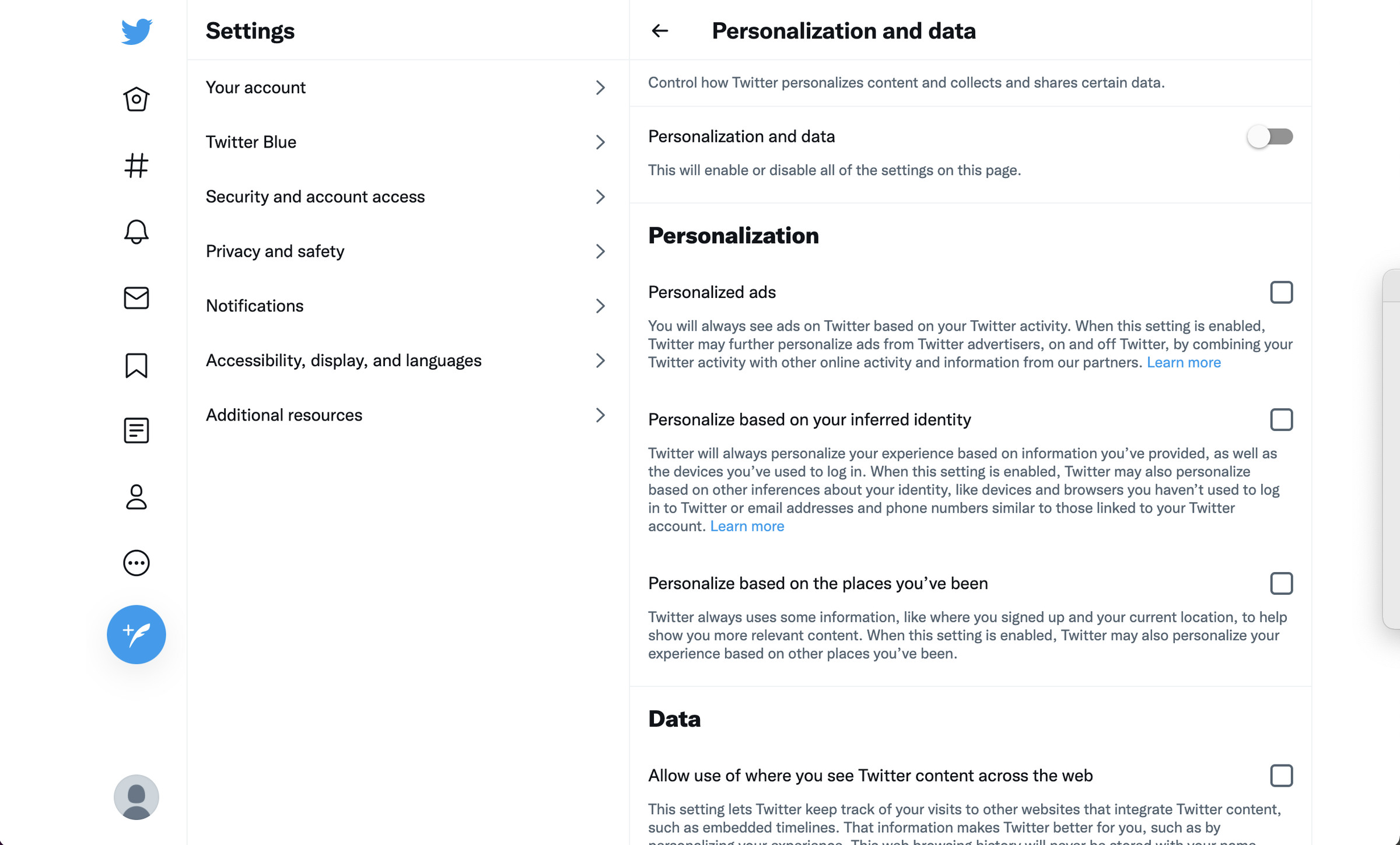 The “Personalization and data” page lets you disable some of the accesses that advertisers have to your data.