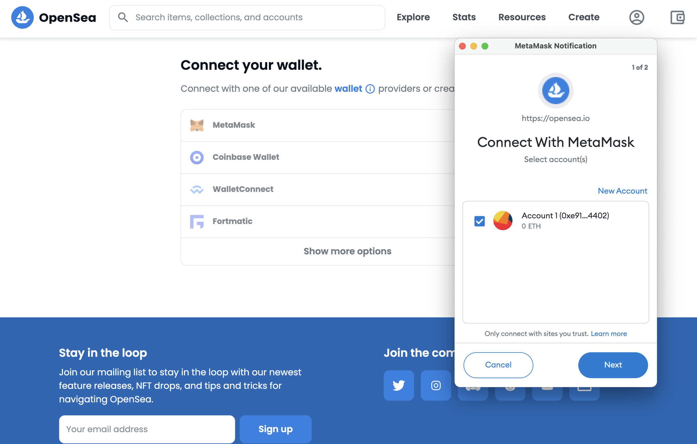 Connecting an account with MetaMask is simple if you have the browser extension installed.