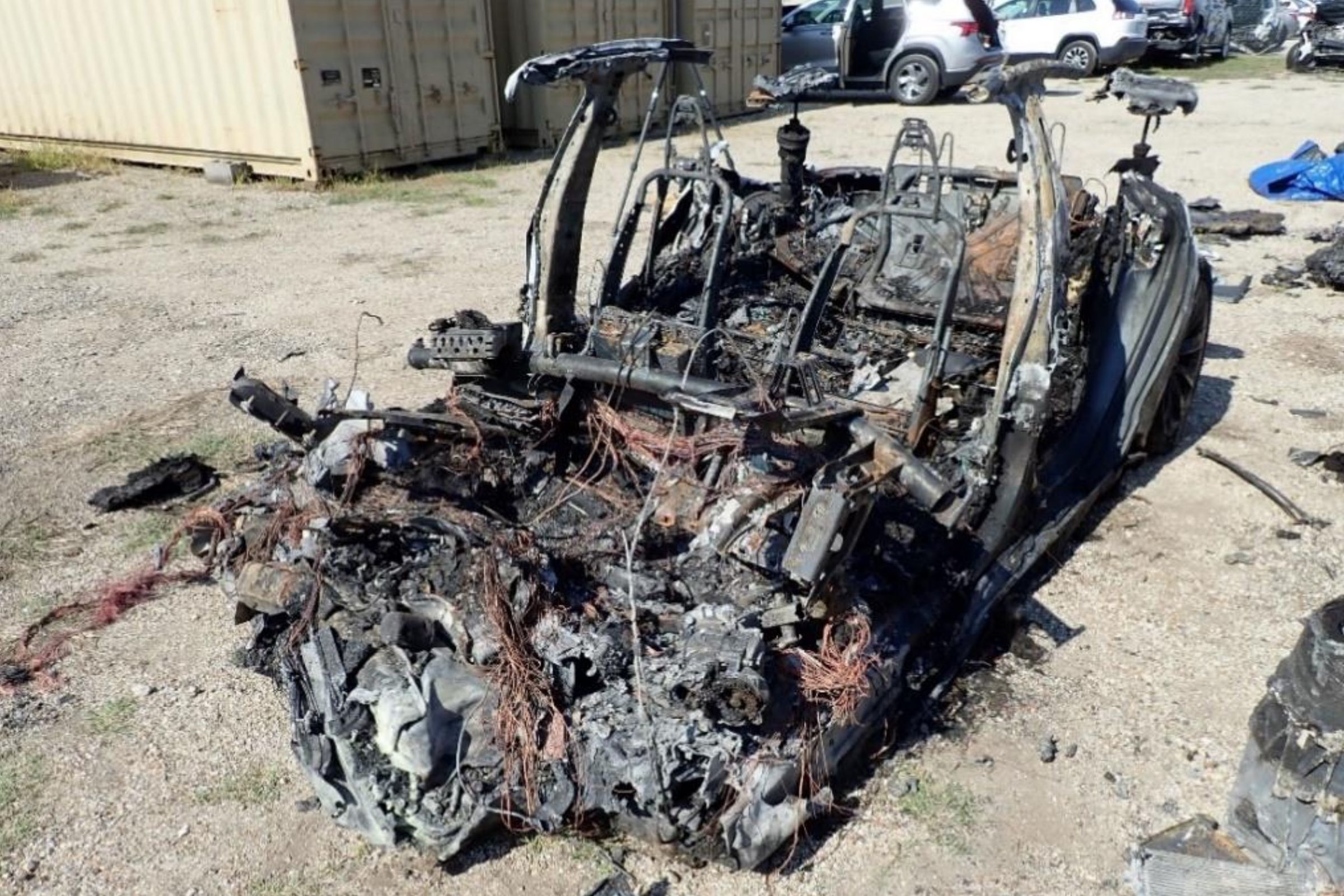 The aftermath of the Model S involved in the fiery Texas crash.