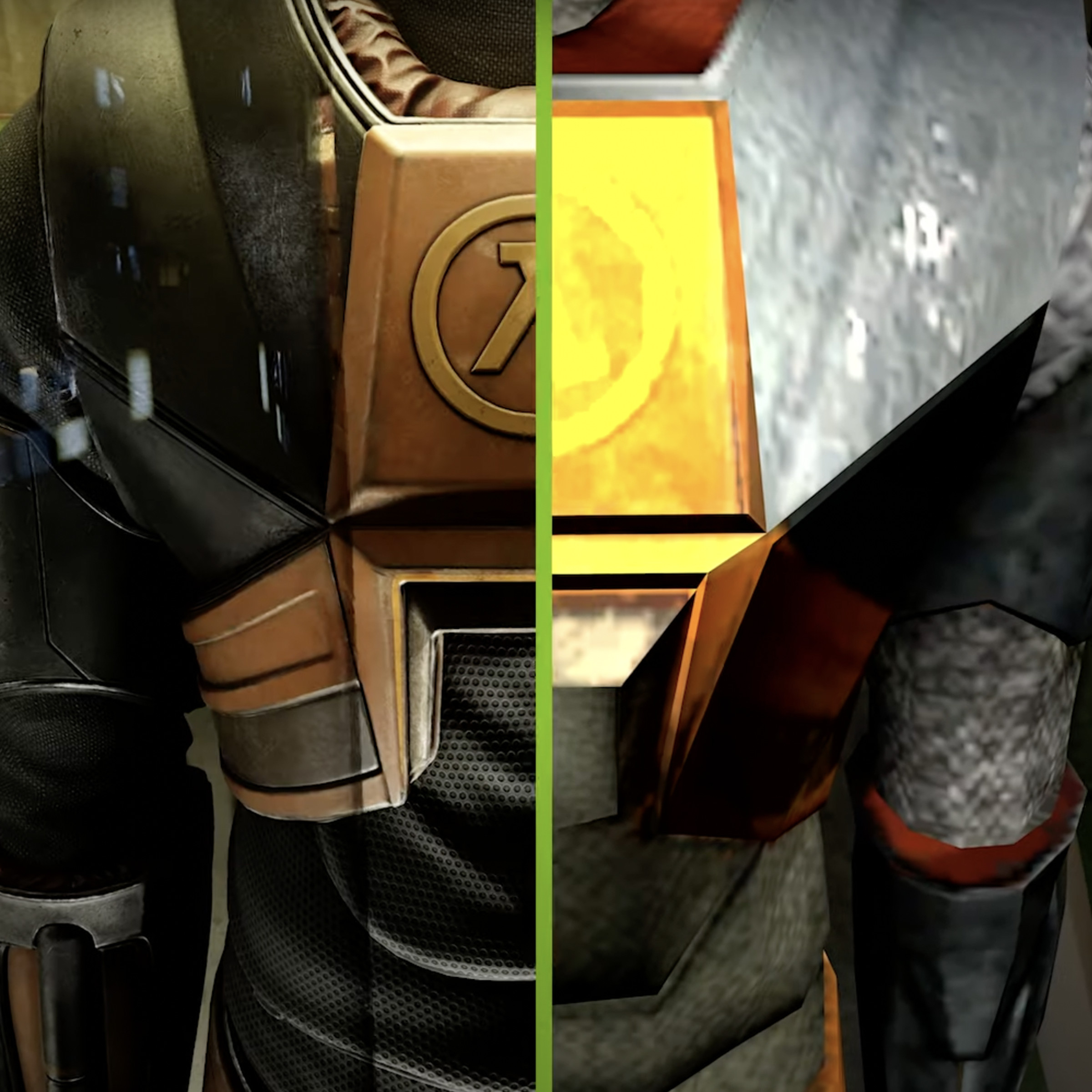 A before-and-after image showing RTX Remix being used in Half-Life 2