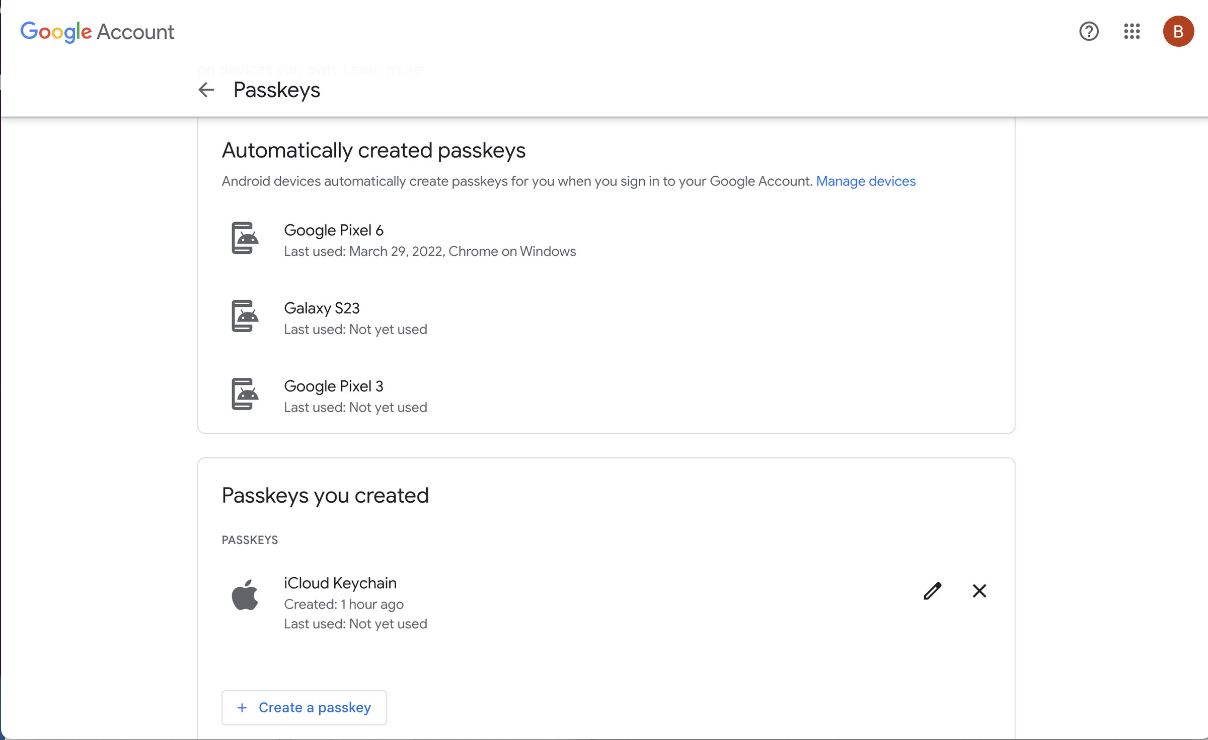 tech news Passkeys page on the Google Account with three automatically created passkeys and one entry under Passkeys you created.