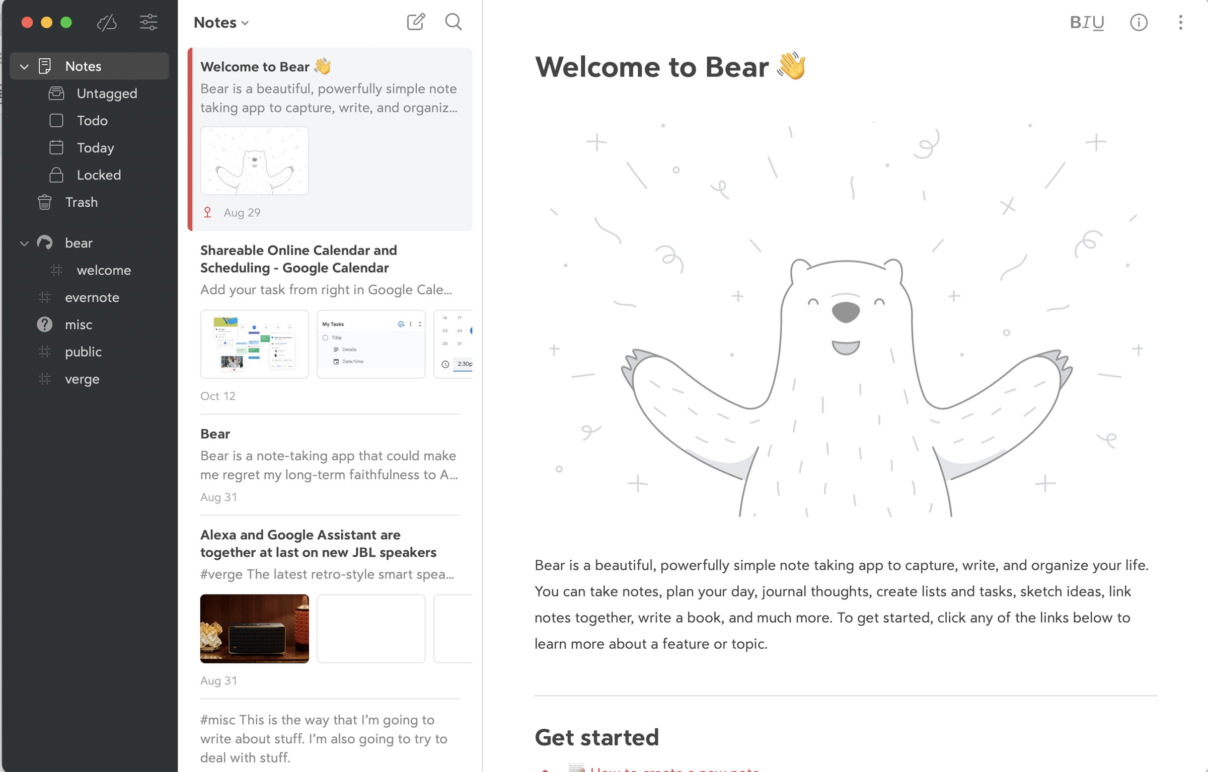 Screenshot with list of categories and tags on left, list of notes to the right of that, and a note with the heading Welcome to Bear and a drawing of a bear to the right of that.